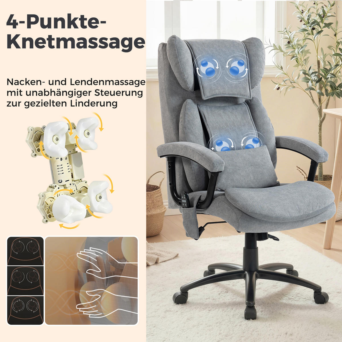 DREHSTUHL Massage ergonomisch 4 Knetpunkte hoher Butterfly-Sitz Grau - Grau, Textil (70.5/122/76cm)