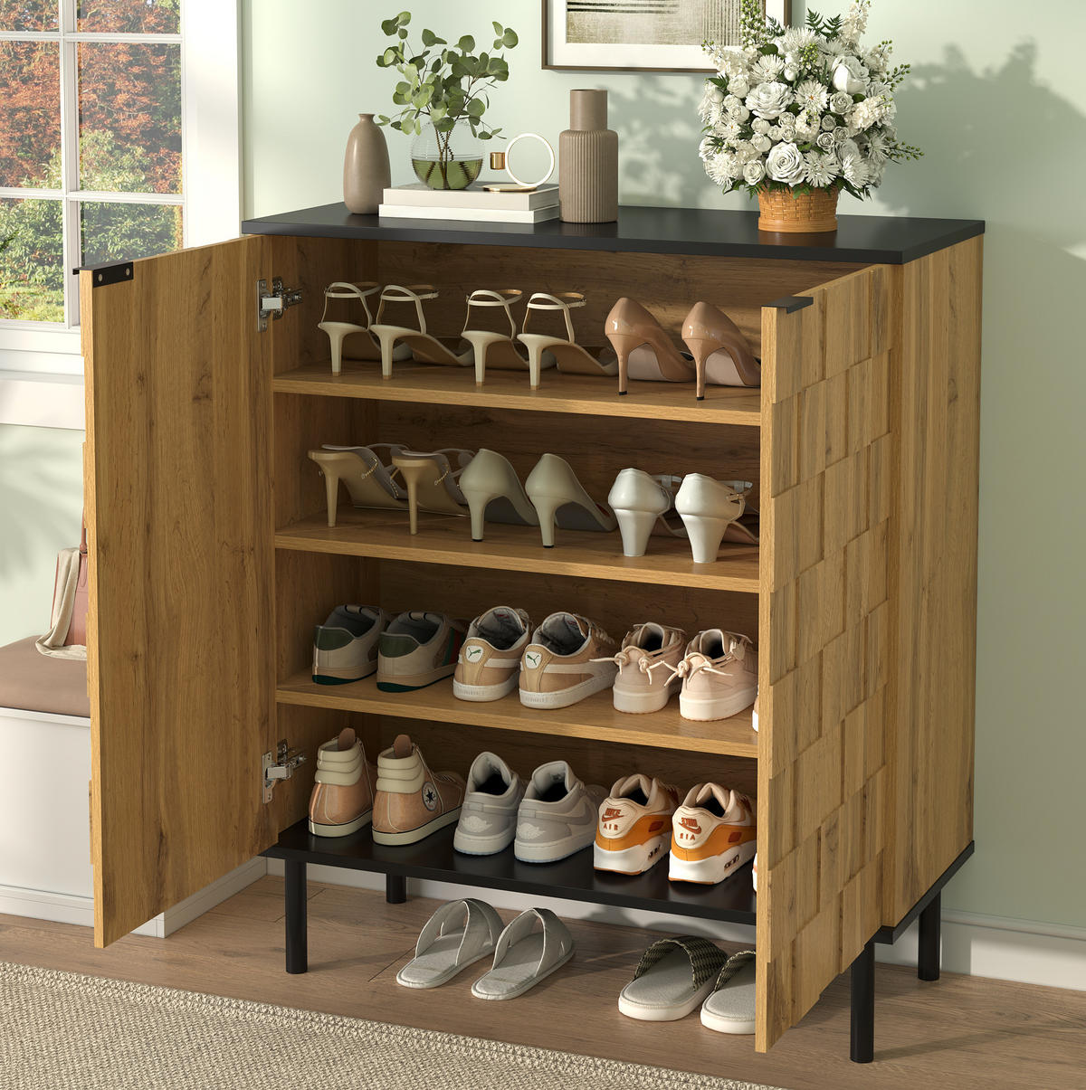 SCHUHSCHRANK 80/35/91,5 cm mit 2 Türen, höhenverstellbaren Fächern und Mosaikfront, Natur - Naturfarben, Holzwerkstoff (80/91/35cm) - Redom