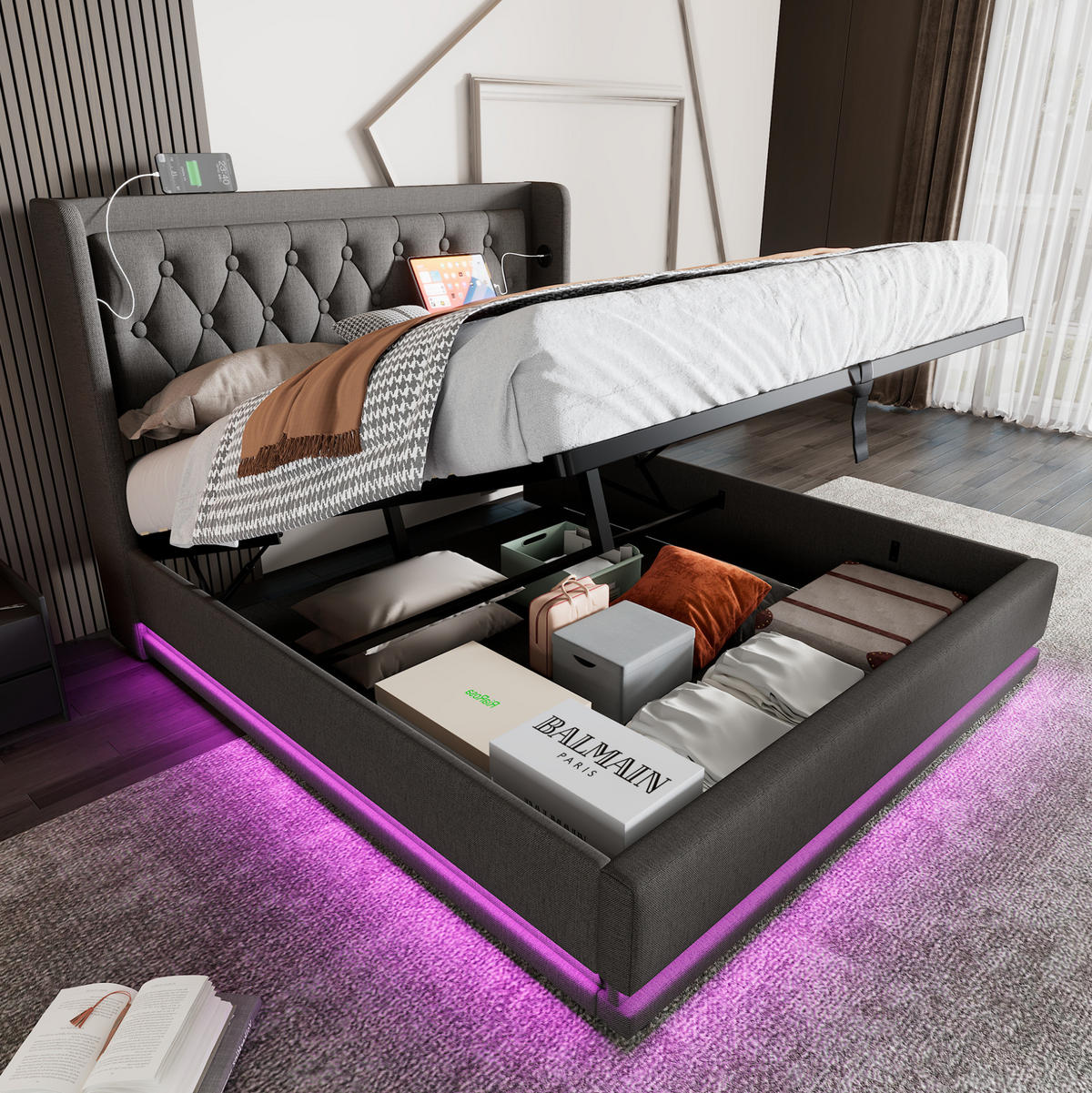 POLSTERBETT 140/200 cm Grau aus Baumwolle mit Stauraum, LED und USB Typ-C - Grau, Textil (140/200cm) - OKWISH