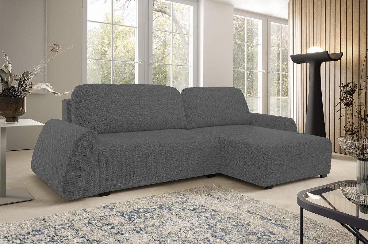 ECKSOFA ALMI mit Schlaffunktion, Bettkasten, Wellenfedern, Komfortable Sitzpolsterung, Elegantes Design, Rechte, 160x275 cm, Grau - Grau, Holz/Textil (275/160cm) - DomoHome