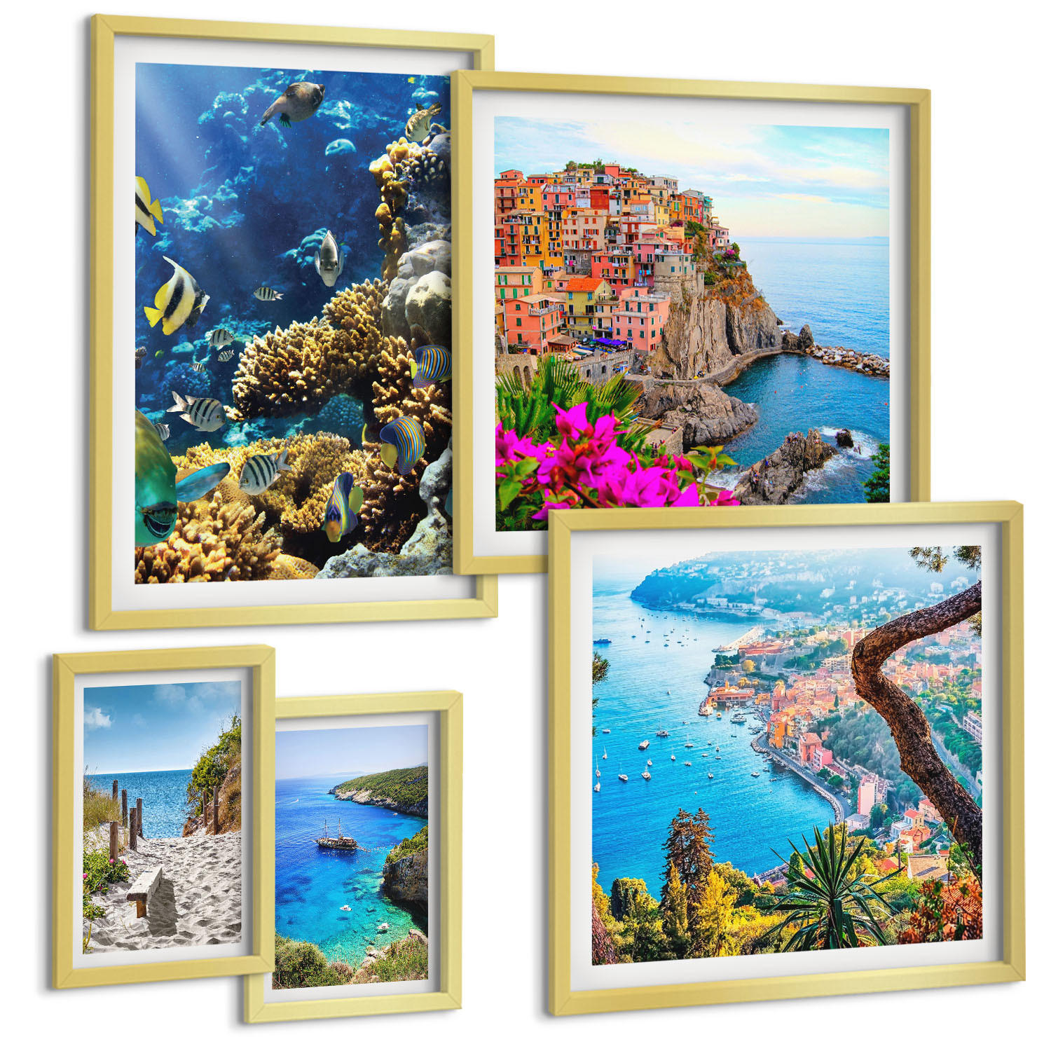 BILDER SET 5er Set - 50x50 cm & 20x30 cm & 40x60 cm Goldrahmen - Berglandschaften im Hintergrund - Goldfarben, Kunststoff (40/60cm) - TULUP