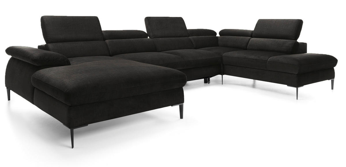 ECKSOFA U-Form 350 cm Amaro M mit Schlaffunktion, Links, Schwarz - Schwarz, Holz (214/353cm) - Emporius