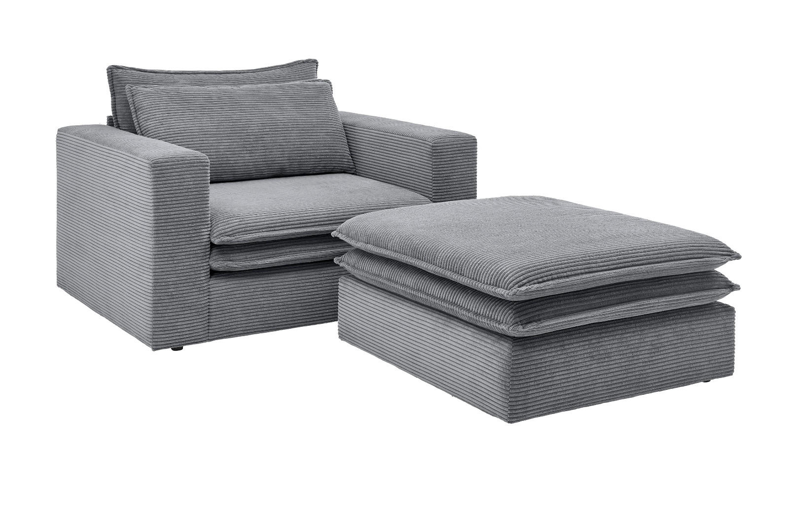 LOVESEAT Set grau Cord, Loungesessel inklusive Hocker - Beige/Grau, Holz/Kunststoff (110/83/161cm) - Furn.Design