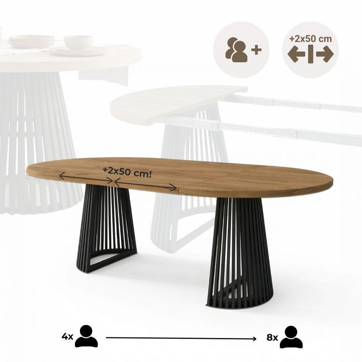 ESSTISCH runder ausziehbarer Tisch für Esszimmer DOVER 100 / 200 cm, Farbe: Eiche Sonoma / Schwarz - Schwarz/Sonoma Eiche, Holz (200/100/77cm) - Dekori_Interiors