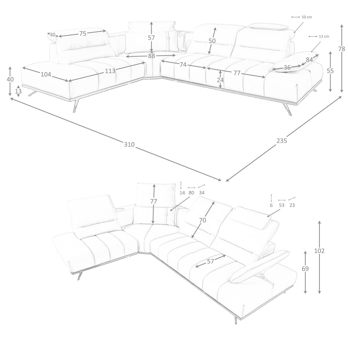 ECKSOFA Linksseitiges Ecksofa aus hellgrauem Leder 310/235/102 cm - Chromfarben/Hellgrau, Leder/Metall (310/235cm) - ANGEL CERDA