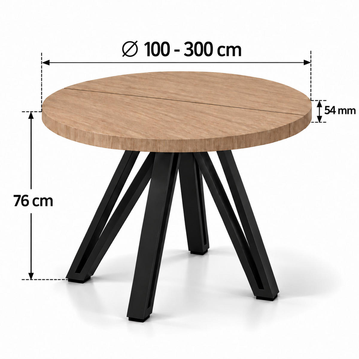 ESSTISCH rund ausziehbar 100/300/76 cm, Hellbraun Eiche Hikora Egger, 54 cm Tischplatte + Industrial Metallgestell Schwarz - Hellbraun/Eichefarben, Holzwerkstoff/Metall (100/300/76cm) - Damale Möbel