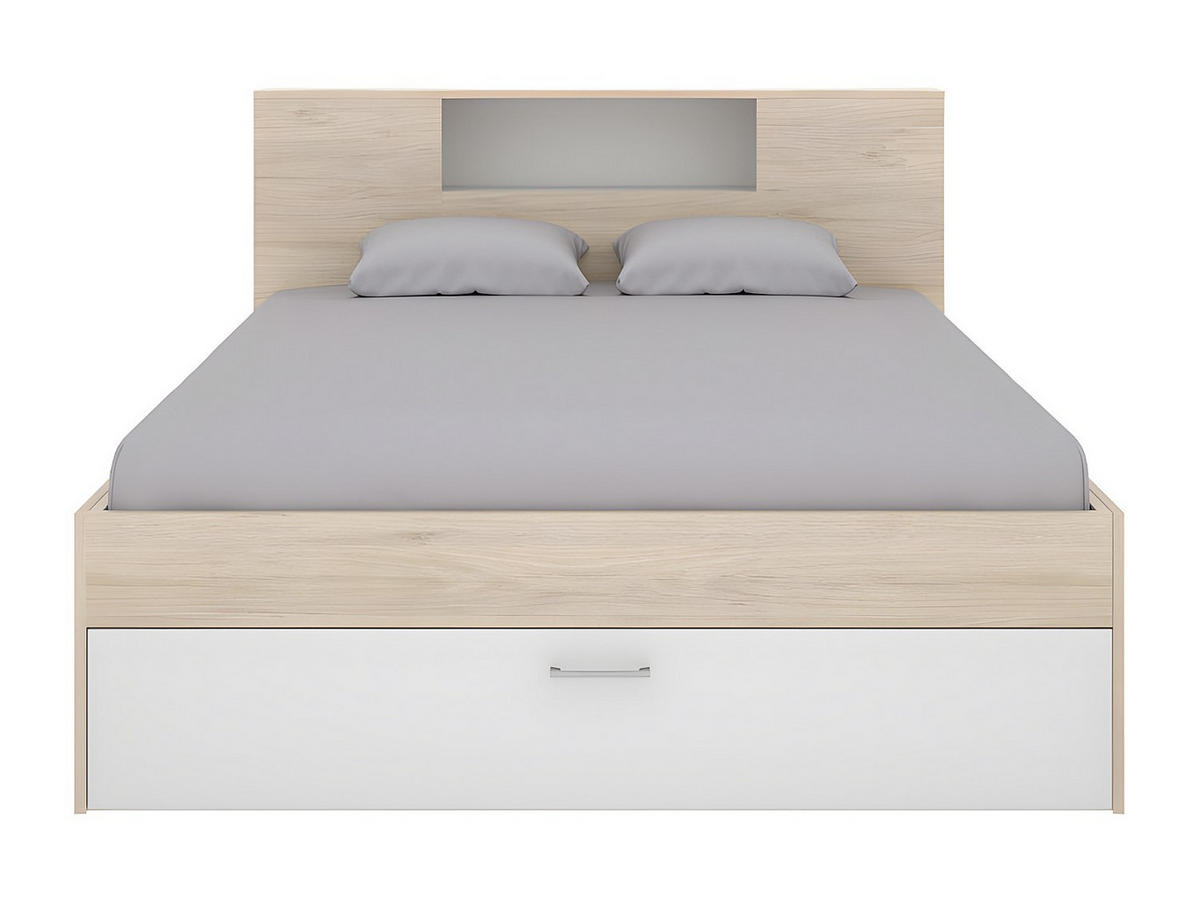 BETT mit Kopfteil, Stauraum & Schubladen - 160 x 200 cm - Weiß & Naturfarben - LEANDRE - Naturfarben/Weiß, Holz (169.5/228.5cm) - Vente-Unique