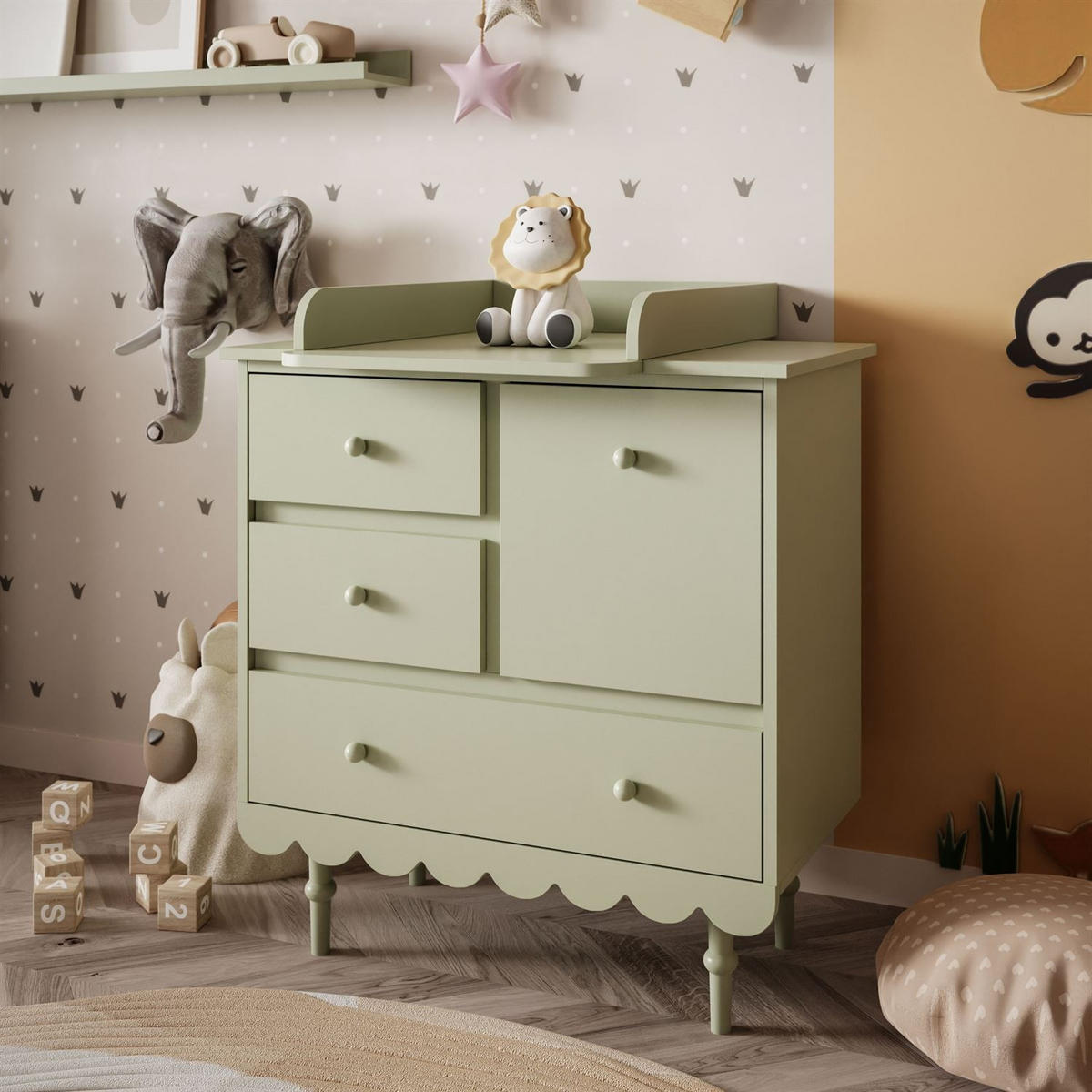 BABUSHKA Kommode mit Schubladen, mit Wickeltisch, Olivgrün - Olivgrün, Holzwerkstoff (84/91/50cm)