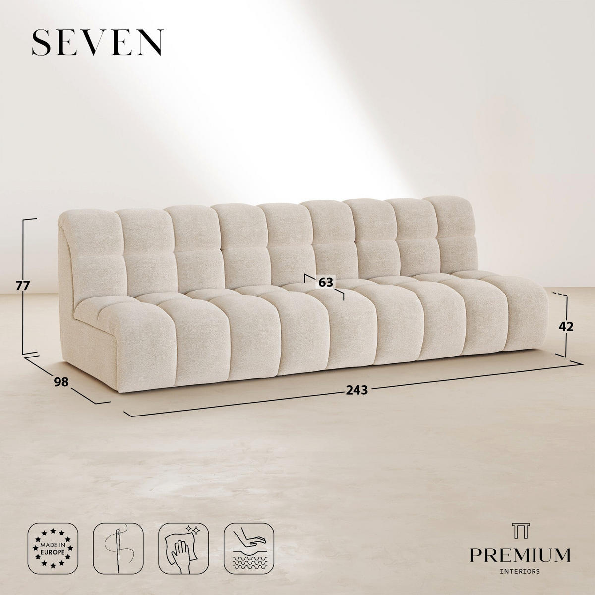 SOFA SEVEN Frottee Taupe 243cm - Taupe, Textil (243/77/98cm) - Premium Interiors