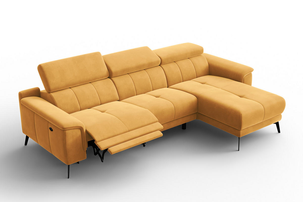 ECKSOFA FIERO 4-Sitzer RECHTS, Gelber Veloursstoff - Gelb/Schwarz, Holz/Textil (288/170cm) - Courtois Laville
