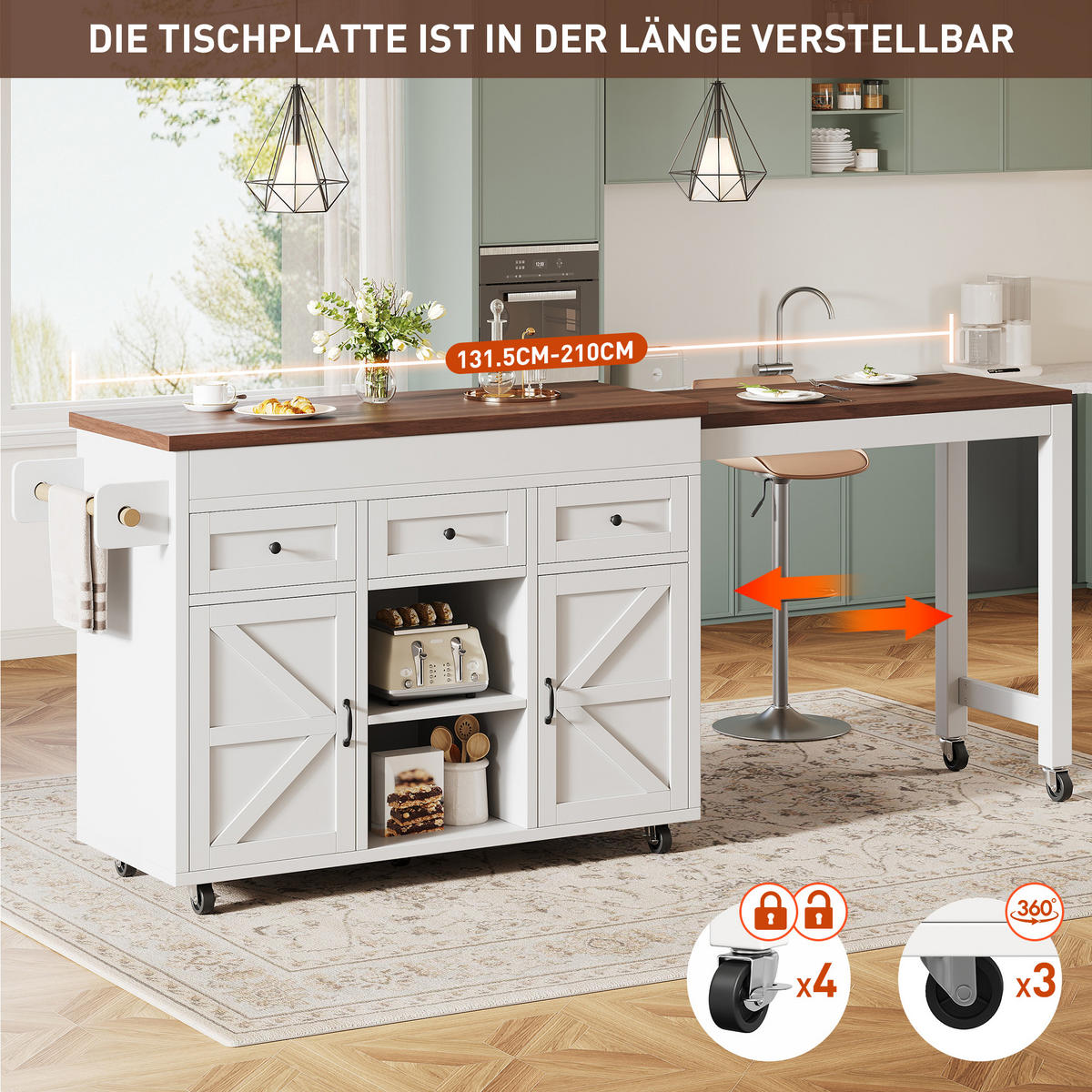 KÜCHENINSEL 120/40/92 cm Weiß mit 3 Schubladen, Stauraum und Schränken - Weiß, Holz/Holzwerkstoff (112.5/92/45cm) - Oxeza