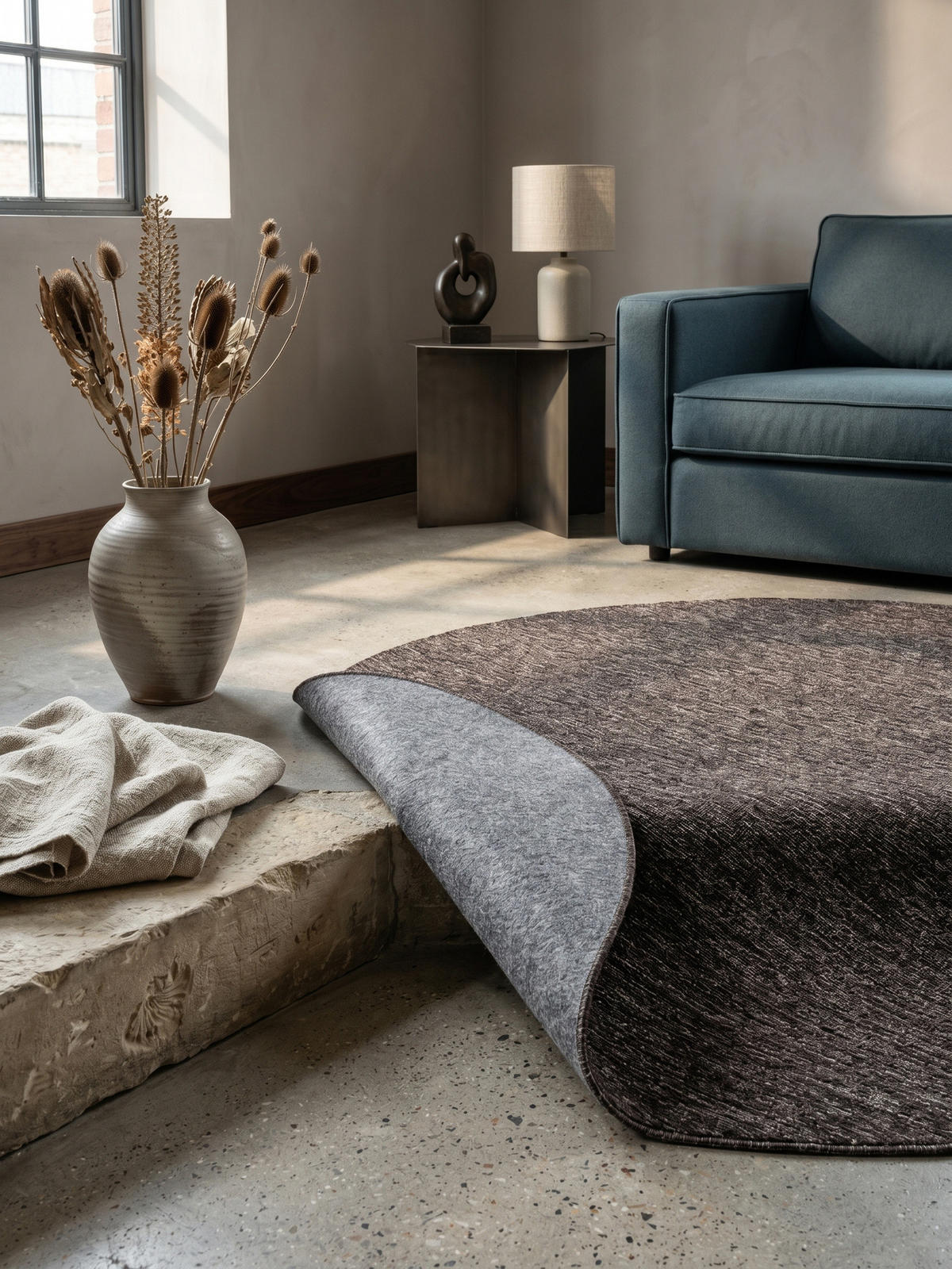 TEPPICH Wohnzimmer Einfarbig Pflegeleicht Waschbar OEKO-TEX Rund Braun 200x200 cm Gekettelt – AMMER - Braun, Textil (200/200cm) - KADIMA DESIGN