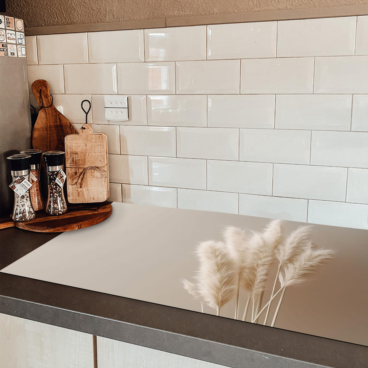 HERDABDECKPLATTE Pampasgras - Federn - Pastell - Weiß Ceranfeldabdeckung 90x52 cm - Creme, Kunststoff (90/52/0.2cm) - MuchoWow