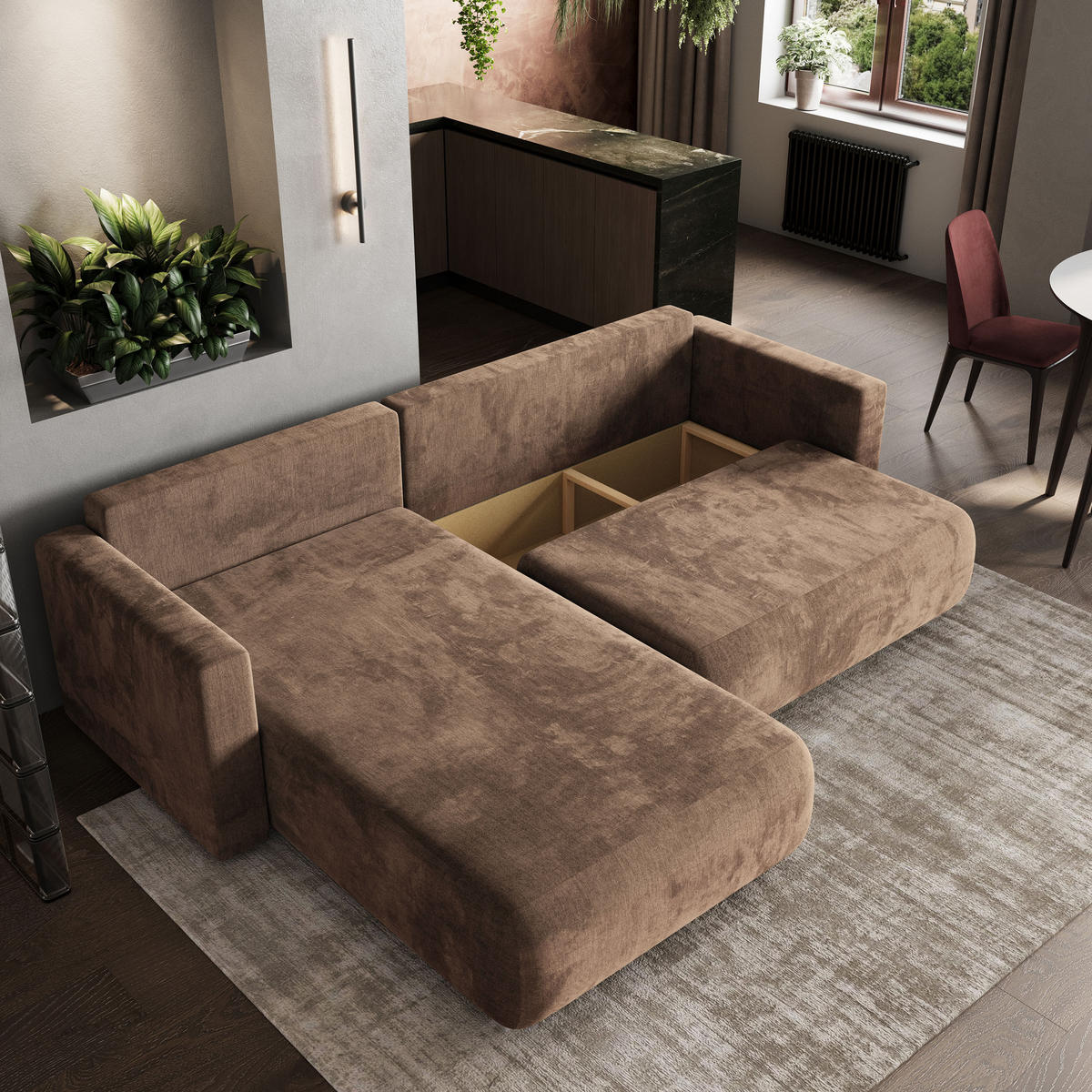 ECKSOFA TURIN M Beige Velours-Stoff mit Schlaffunktion - Beige/Grau, Holz/Kunststoff (265/183cm) - MASSENO