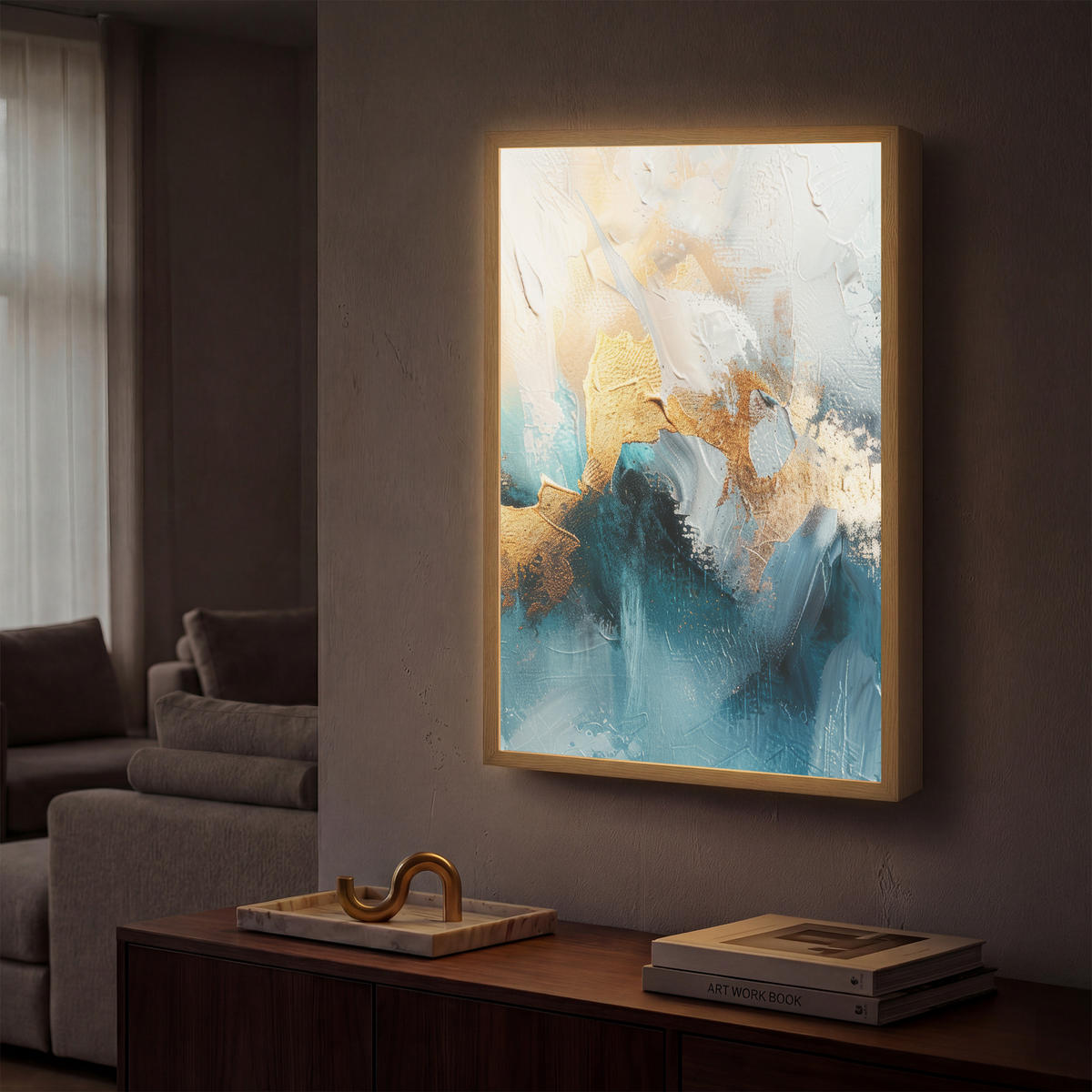 NÁSTĚNNÁ LAMPA S AKUMULÁTOREM Abstraktní - umění - zlatá - modrá 40x60 cm - tyrkysová, kompozitní dřevo (40/60/8cm) - OnlyWow