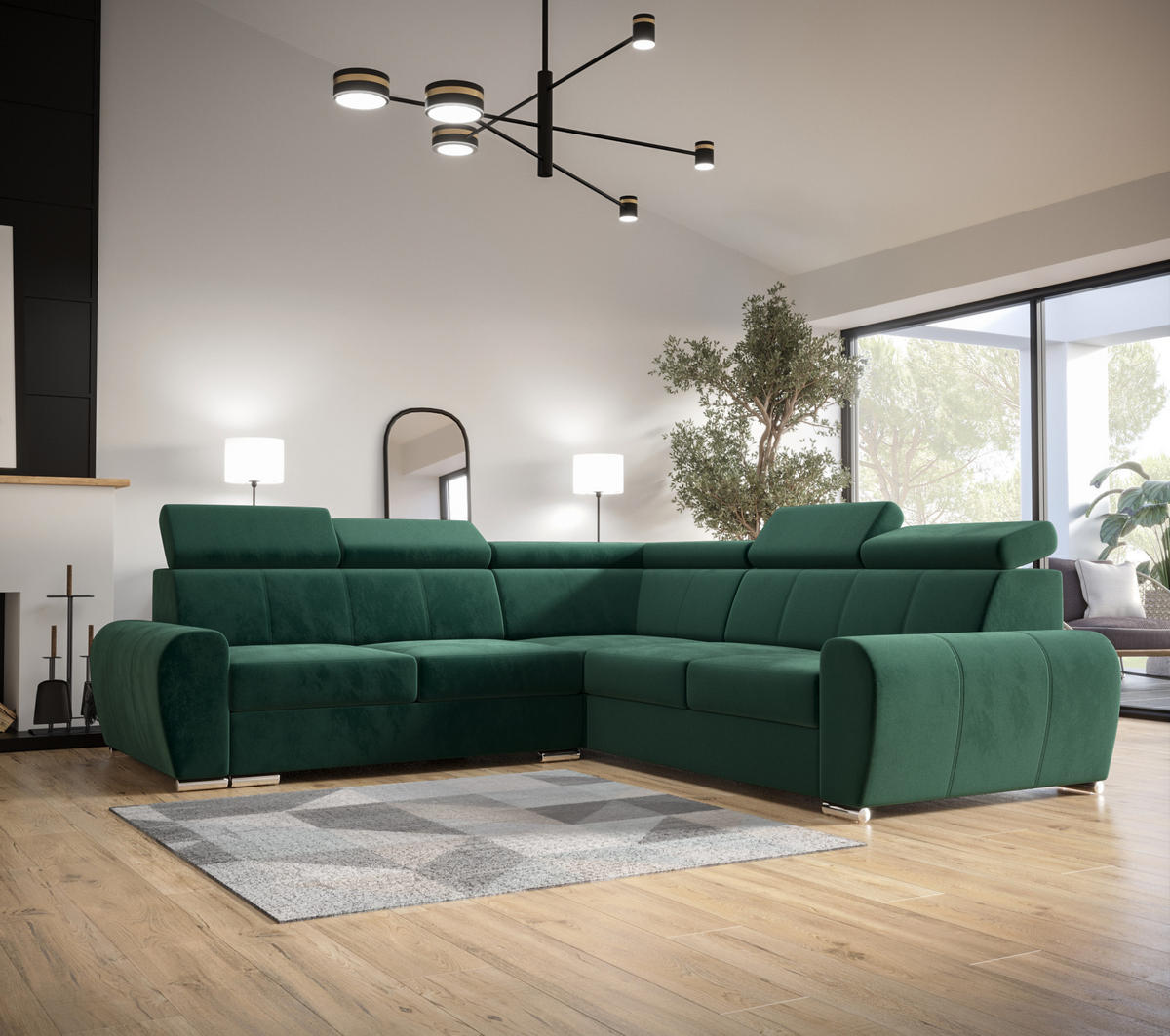 ECKSOFA APOLLO,mit Schlaffunktion und Bettkasten, Farbe: Grün, Velourstoff, Ottomane Rechts - Grün, Textil (255/255cm) - O-Sofa