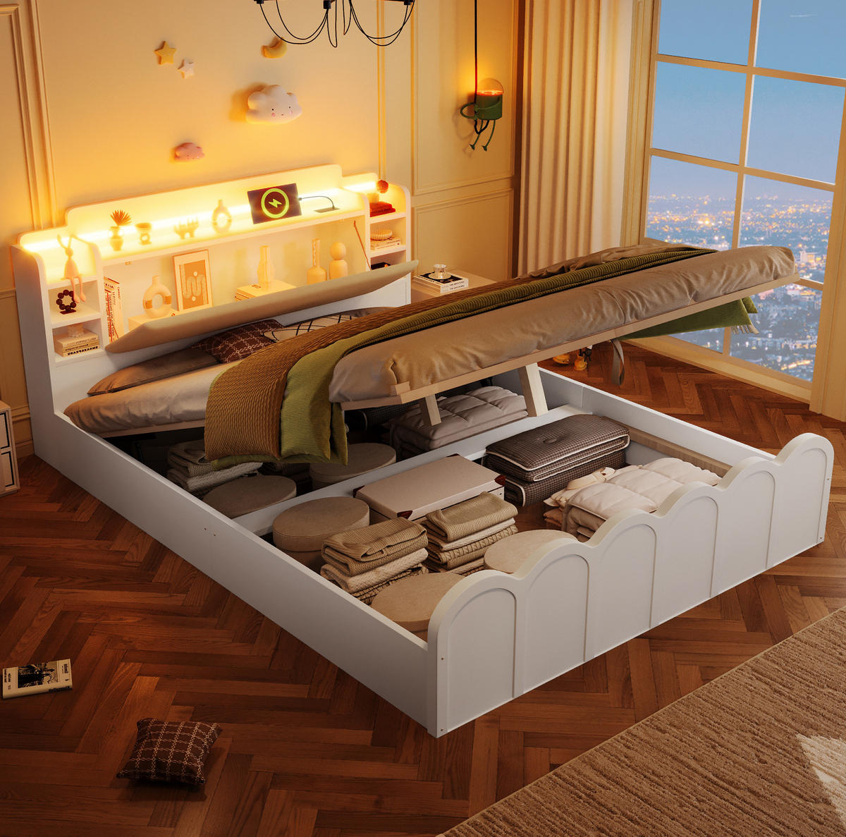 POLSTERBETT 140/200 cm Weiß mit Stauraum, LED-Beleuchtung und USB- und Type-C-Anschlüssen - Weiß, Holzwerkstoff (140/200cm) - Flora Grace