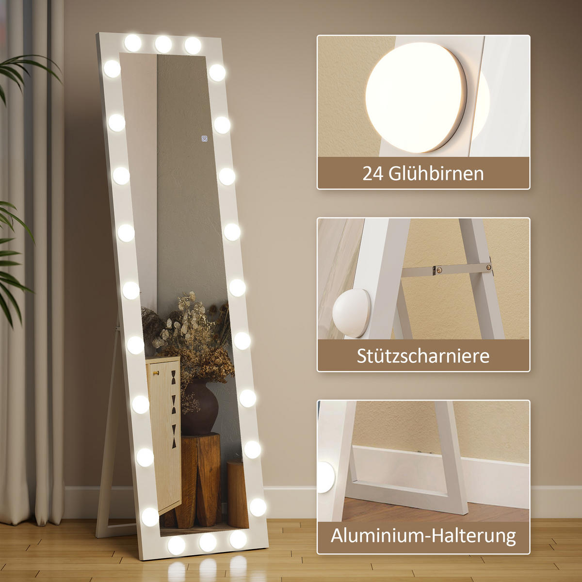 GANZKÖRPERSPIEGEL 150x40 cm LED Standspiegel mit 24 Glühbirnen 3 Lichtfarbe - Weiß, Glas/Holzwerkstoff (4/150/40cm) - HOMCOM