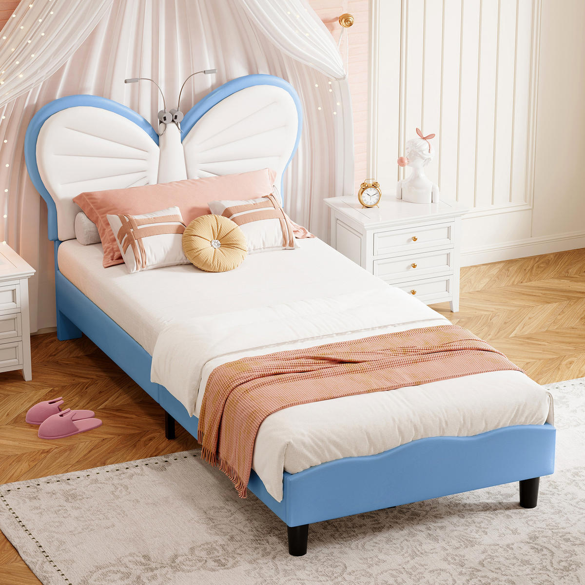 KINDERBETT 90 x 200 cm, Kopfteil in Schmetterlingsform, mit integrierter LED-Leselampe & höhenverstellbarem Kopfteil,Samtmaterial,Weiß und blau - Hellblau, Holz/Metall (90/200cm) - BursDany