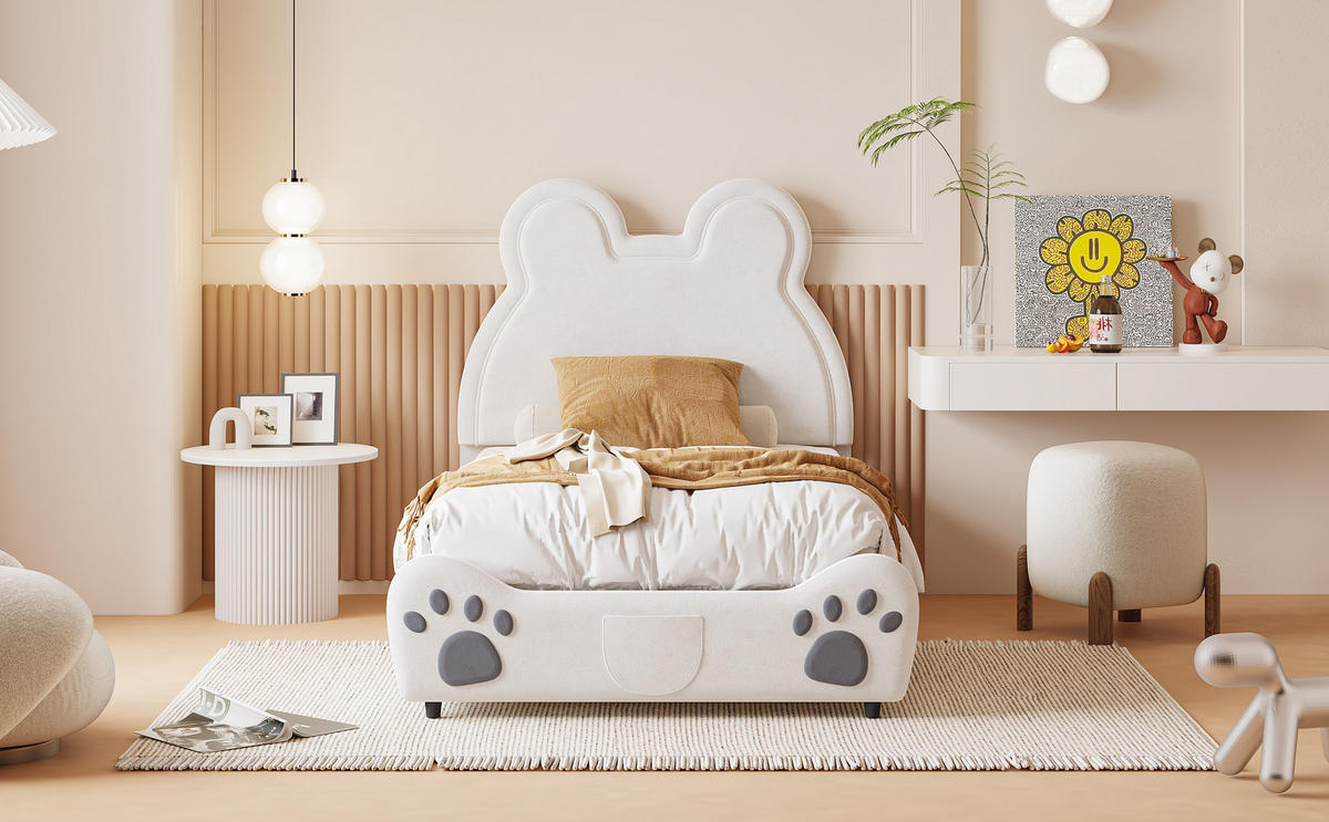 KINDERBETT Bärenform 90/200 cm weiß aus Samt - Weiß, Textil (90/200cm) - OKWISH