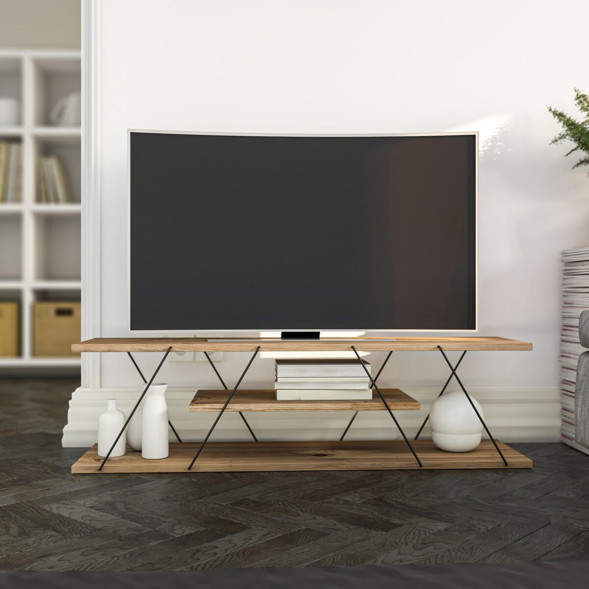 TV stolek s víceúrovňovými policemi a kovovým rámem, šířka 120 cm - CANAZ - přírodní, kov/dřevo (120/33/30cm) - Vente-Unique