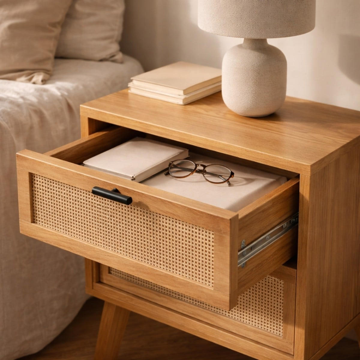 NACHTTISCH mit 2 schubladenrattanfronten und holzdekorbeinen alia 45/29/56 cm - Eschefarben, Holzwerkstoff (45/56/29cm) - Calicosy