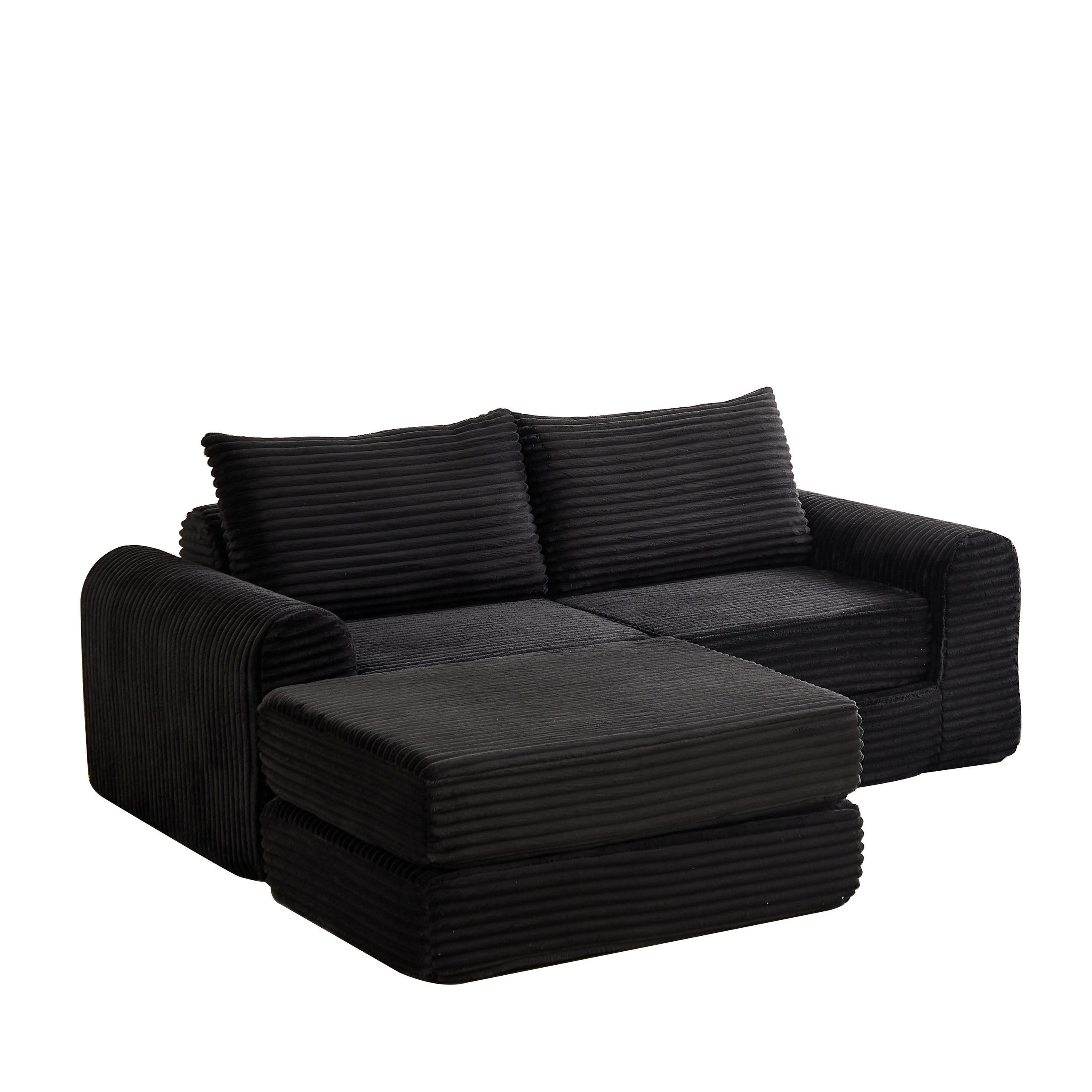 SCHLAFSOFA 2-in-1 aus Cord mit 2 Kissen und Hocker - Schwarz, Textil (243/53/194cm)