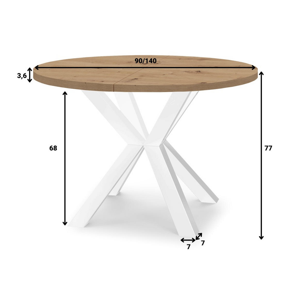 ESSTISCH RAL mit Holzbeinen, Durchmesser: 90 / 140 cm Eiche Craft Golden / Weiß - Eichefarben/Weiß, Holz (90/140/77cm) - Dekori_Interiors