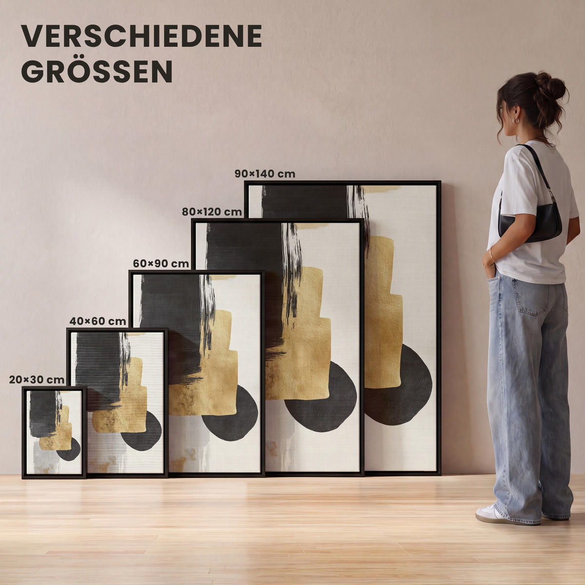 LEINWAND Bilder mit Rahmen - Gold - Rechtecke - Kreise - Abstrakt - 20x30 - Weiß, Textil (20/30cm) - MuchoWow