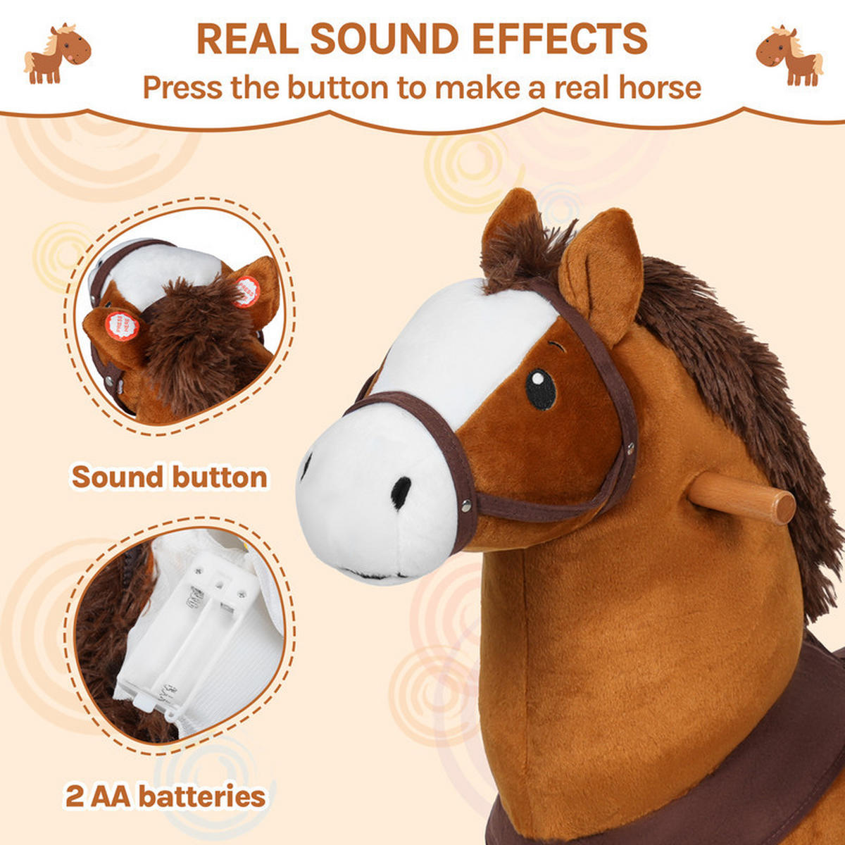 SCHAUKELPFERD Kinder – mit Sound und Rollen - Braun, Holz (30/77/80cm) - Auledio