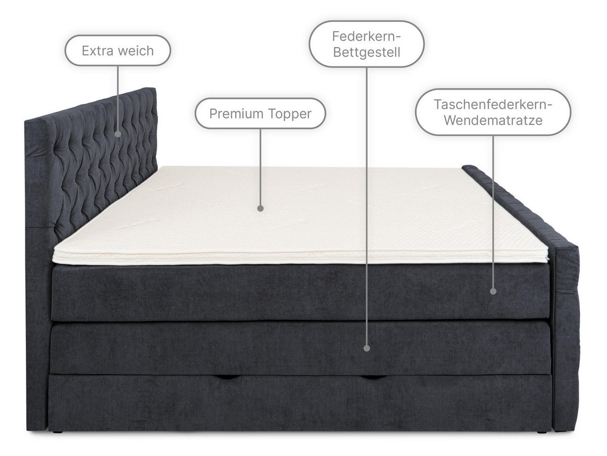 BOXSPRINGBETT London dunkelblau 160/200 cm H3/H4 Samt - Dunkelblau, Textil (160/200cm) - wonello