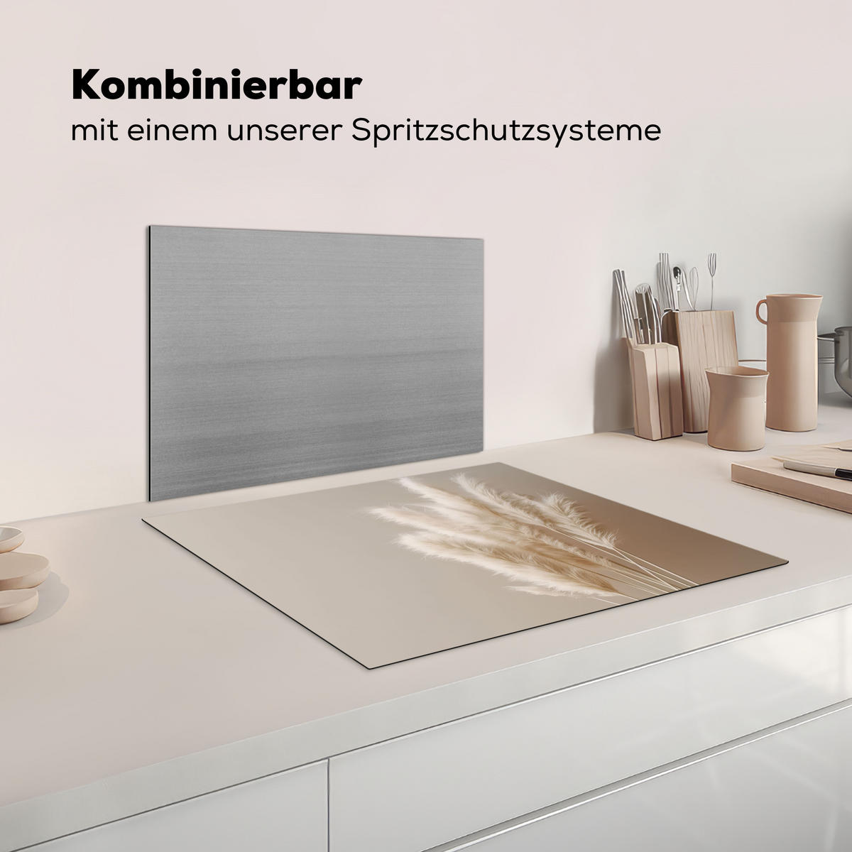 HERDABDECKPLATTE Pampasgras - Federn - Pastell - Weiß Herdabdeckung Induktionsfeld 65x52 cm - Creme, Kunststoff (65/52/0.2cm) - MuchoWow