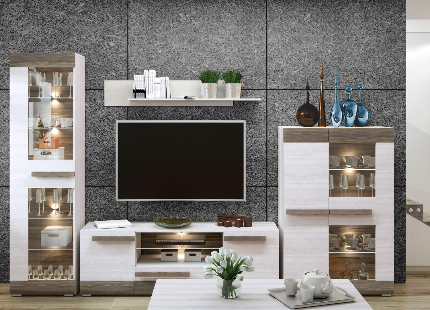 WOHNWAND 4-TEILIG Blanco Pinie weiß / grau 312 / 42 / 202cm - Weiß/Grau, Holz/Holzwerkstoff (312/202/42cm) - Feldmann-Wohnen