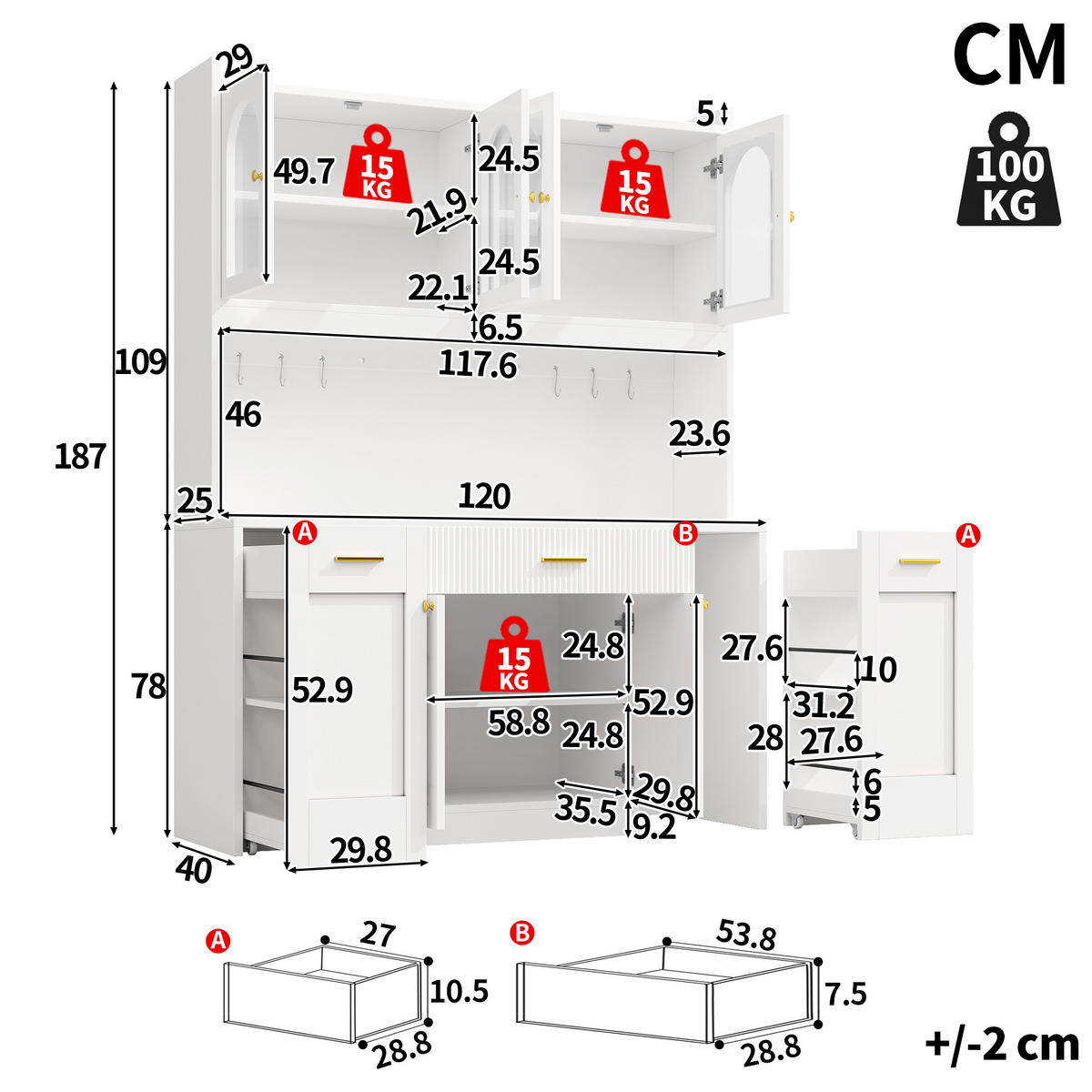 BUFFET DE-38485 120/40/187 cm mit LED und 3 Glasvitrinen Weiß - Weiß, Holzwerkstoff (120/187/40cm) - ComfortXL