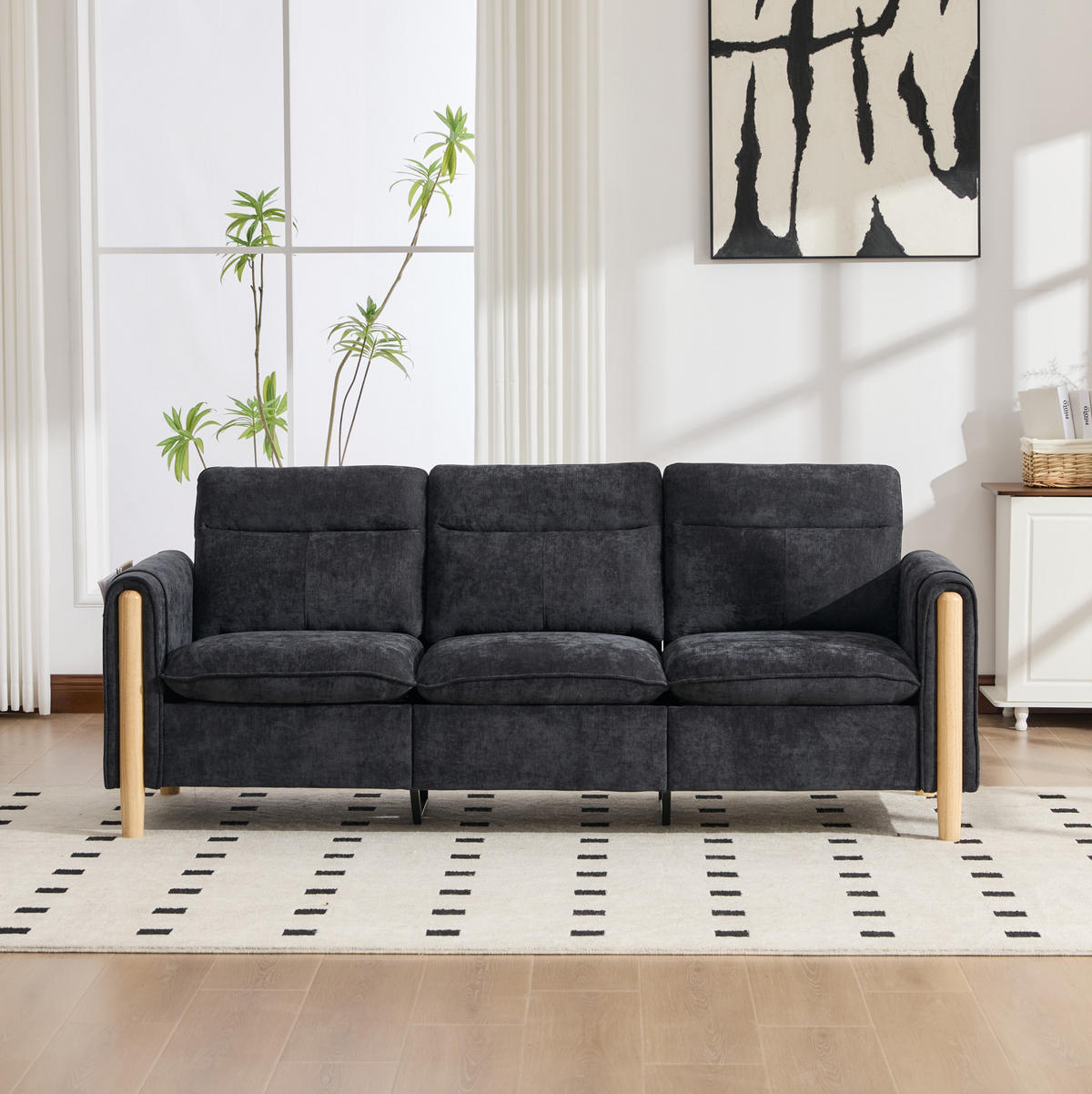 SOFA 201/77/86 cm in Schwarz mit Stauraum und Chenillebezug - Schwarz, Textil (77/86/201cm) - Flora Grace