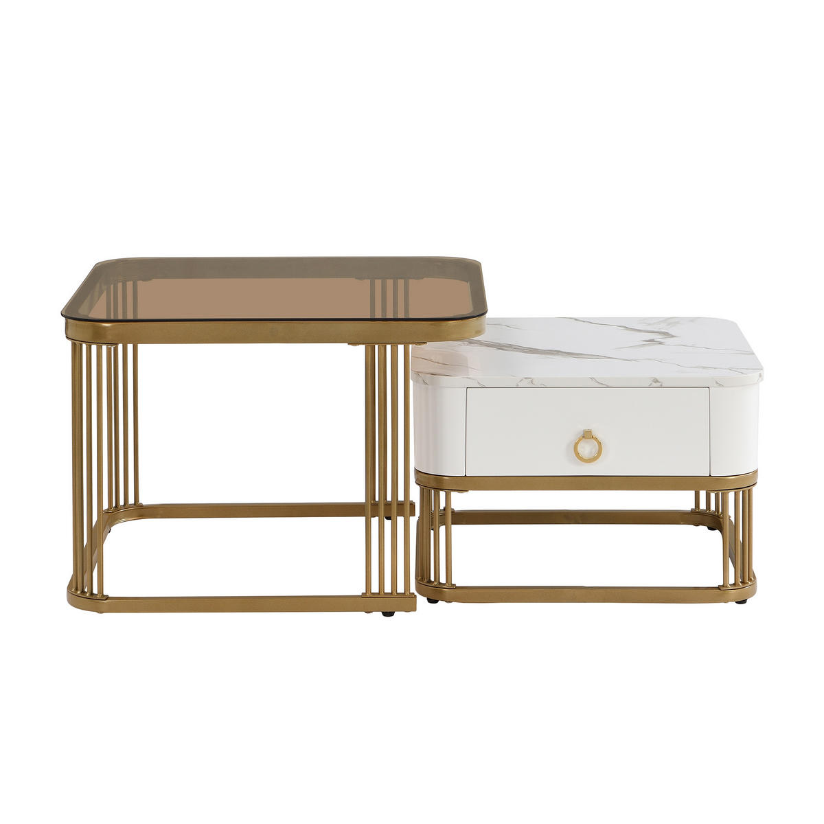 COUCHTISCH Stapelbar 2-tlg Hochglanz Marmoroptik Teebraun Gold Akzente - Weiß, Holz (72/68/26.5cm) - FLIEKS