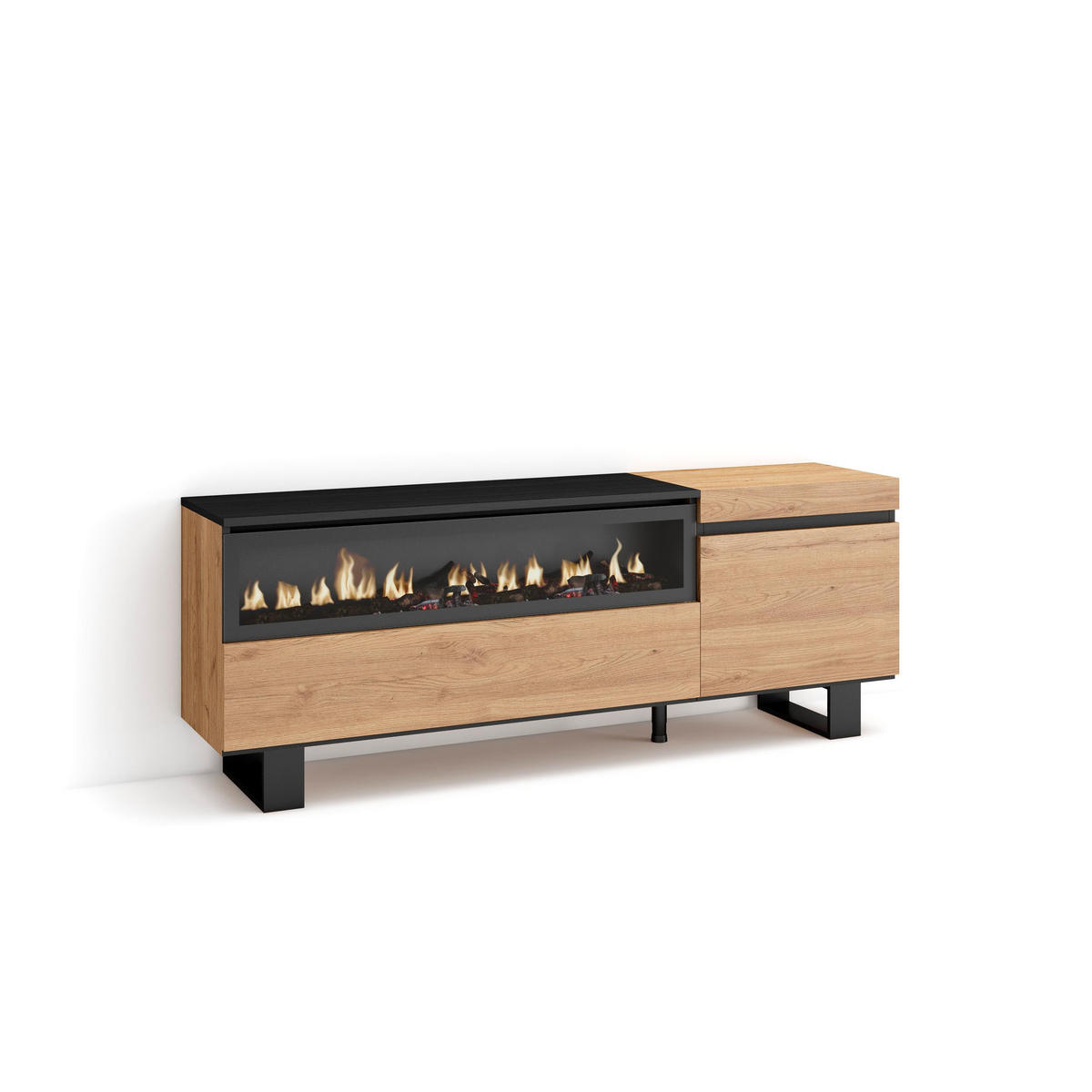 TV-SCHRANK eiche, schwarz, mit Elektrokamin, 150/35/57cm - Beige, Holzwerkstoff (150/57/35cm) - Skraut Home