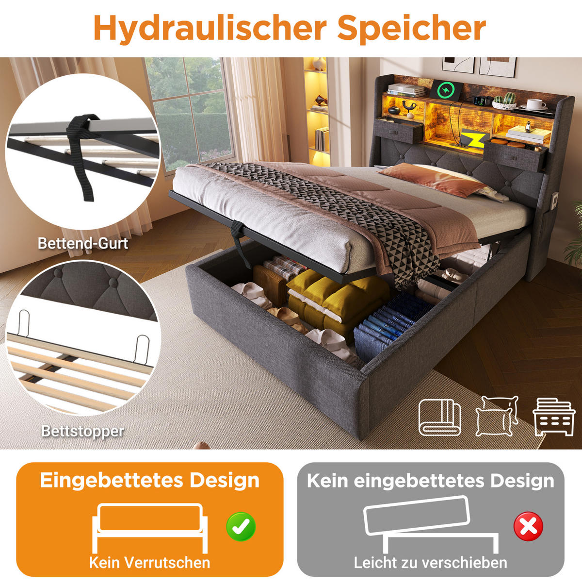 POLSTERBETT 90/200 cm mit LED, USB- und Type-C-Anschlüssen, hydraulischem Stauraum und Matratze, Grau - Grau, Textil (90/200cm) - Redom
