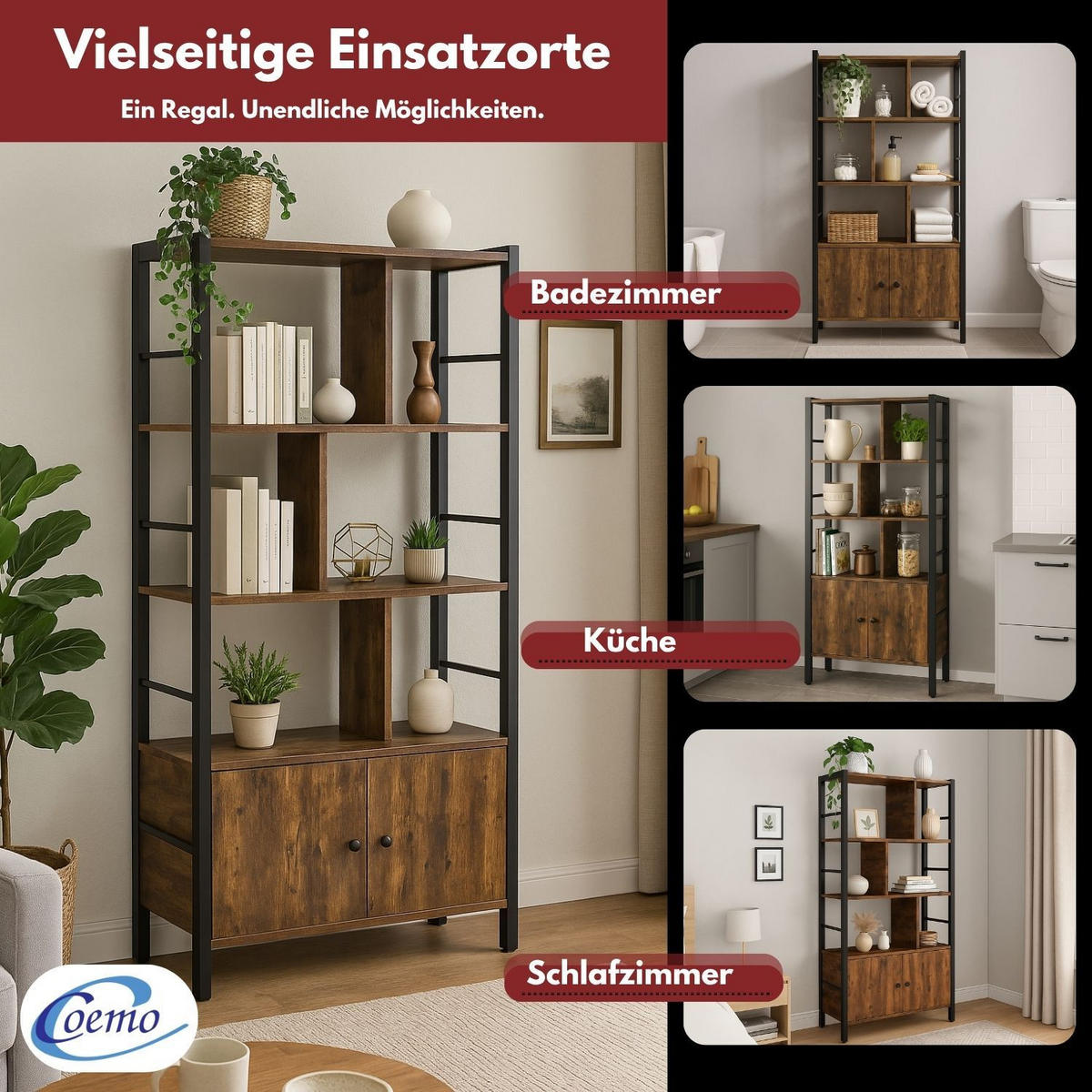 STANDREGAL VINTAGE Metall mit 2 Türen Holz 74/30/1550cm - Braun, Metall (30/155/74cm) - Mein-Regal