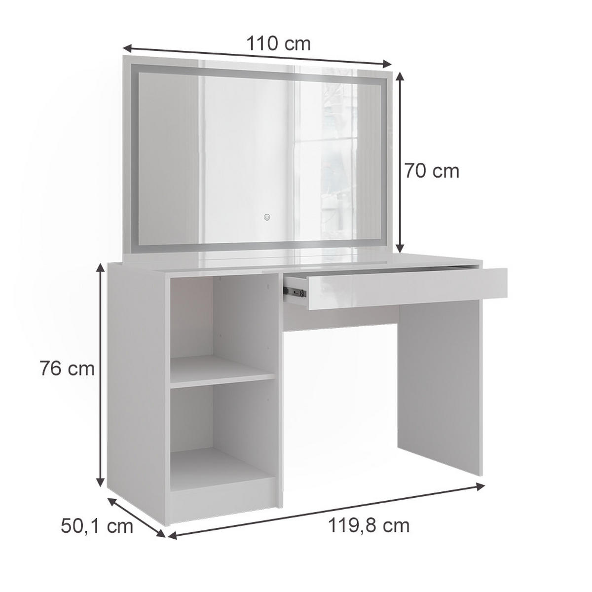 SCHMINKTISCH Sherry Weiß/Weiß Hochglanz 119.8 cm mit LED-Spiegel - Weiß Hochglanz, Holzwerkstoff (119.8/76/50.1cm) - Vicco