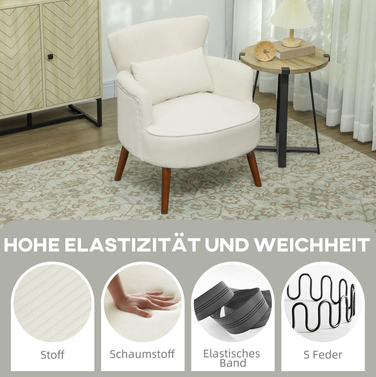 SESSEL 69/69,5/78 cm in Cremeweiß mit Flügelrücken und Holzbeinen - Creme, Kunststoff (69.5/78/69cm) - BEAOK