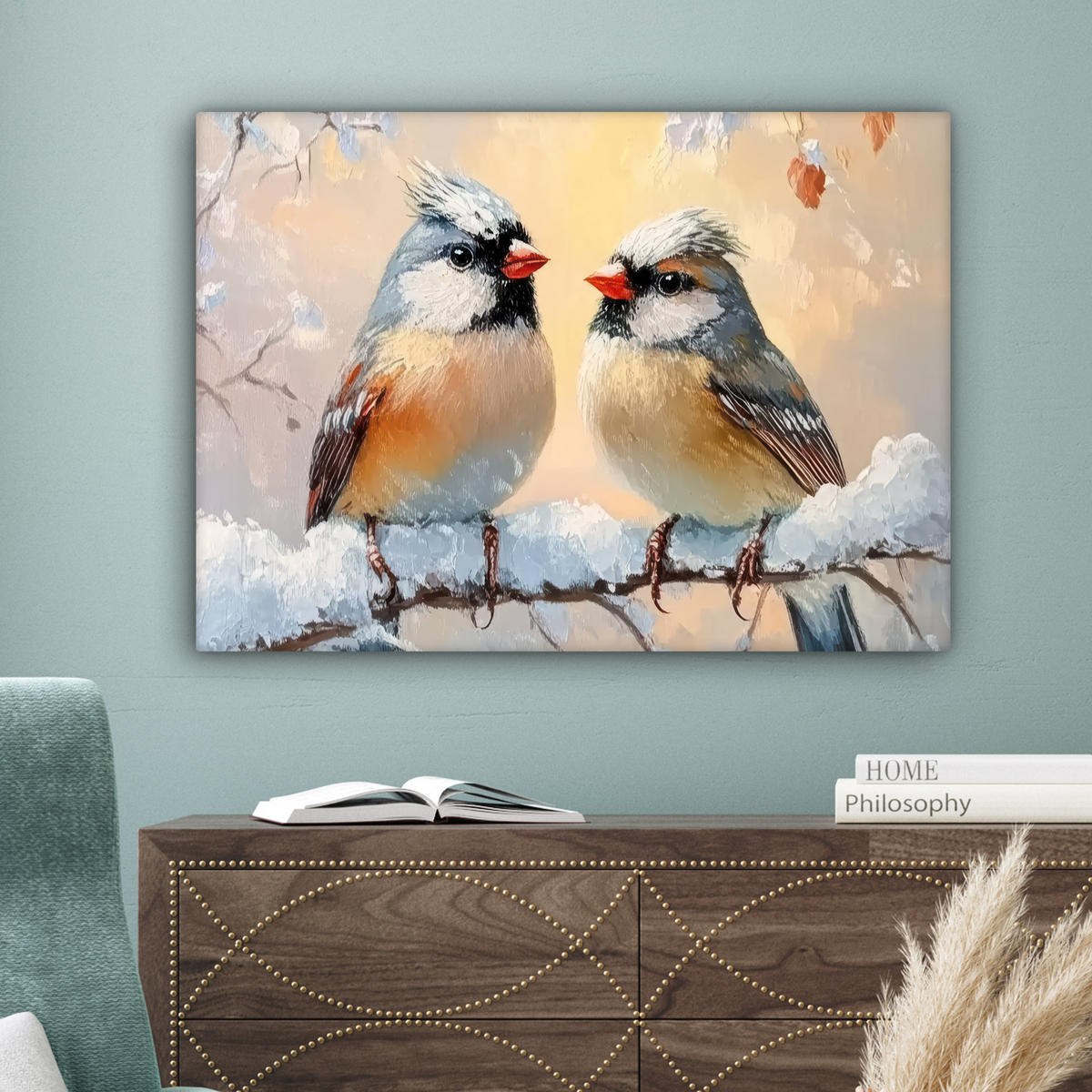 LEINWANDBILD Vögel - Zweig - Winter - Schnee Wandbilder 80x60 cm - Pastellblau, Textil (80/60cm) - MuchoWow