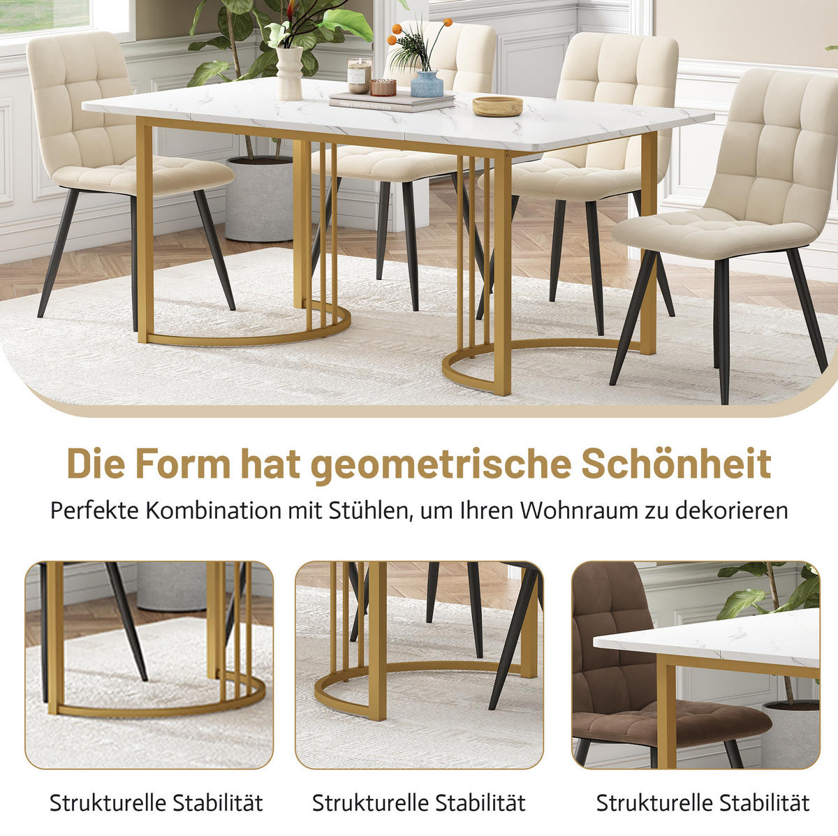 ESSTISCH, MDF mit Marmor-Muster & Metallgestell, 140/80/75 cm, Gold - Goldfarben, Holzwerkstoff (140/80/75cm) - Redom