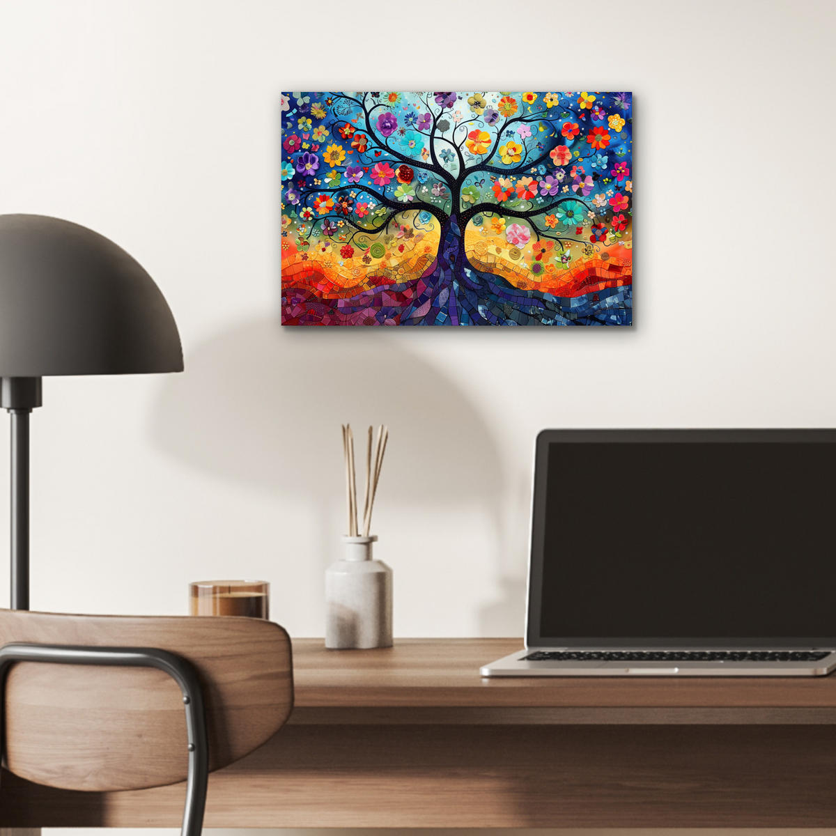 KOVOVÝ OBRAZ Umenie - Strom života - Kvety - Hippie 30x20 cm - tmavomodrá, kov (30/20cm) - MuchoWow