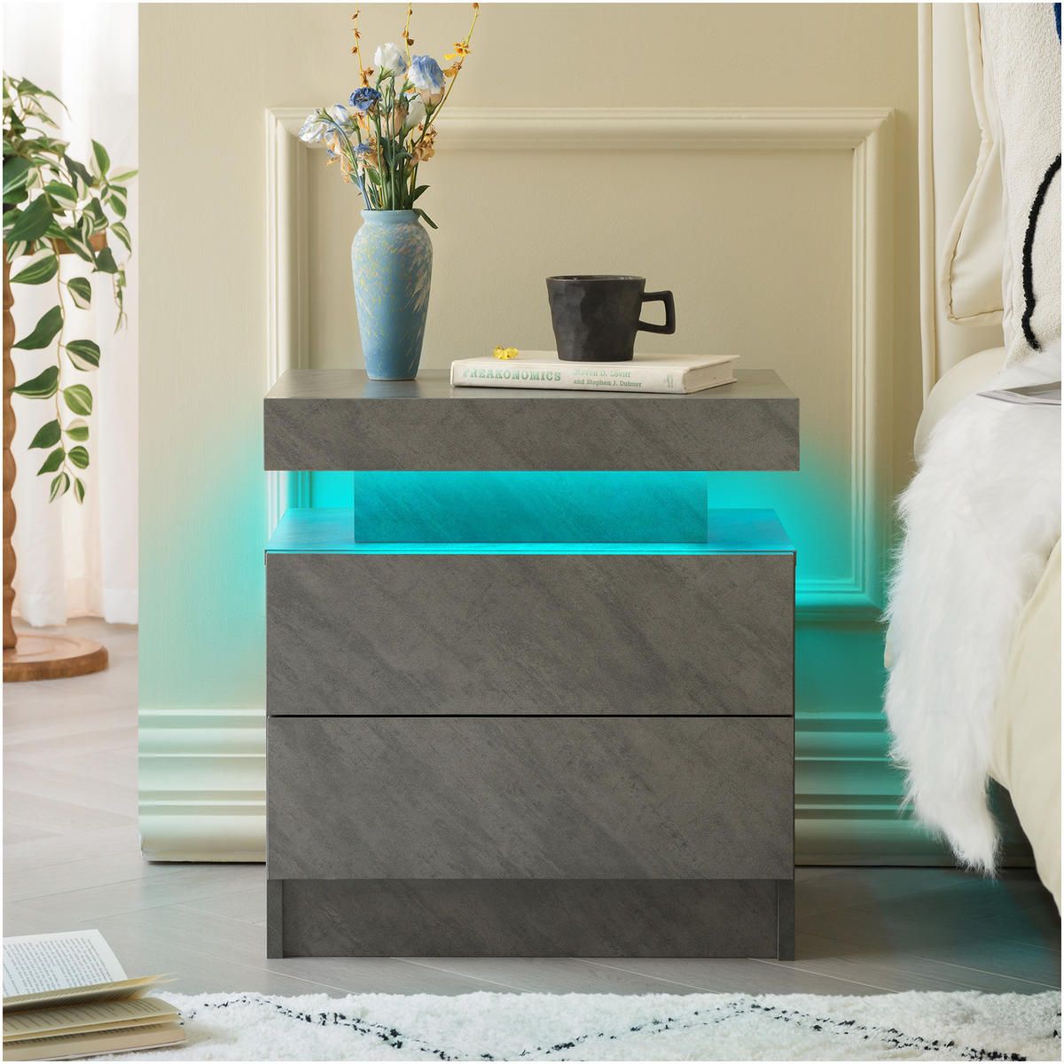 NACHTKOMMODE 50/53/36 cm dunkelgrau aus Holzwerkstoff mit LED-Beleuchtung und 2 Schubladen - Grau, Holzwerkstoff (53/36/50cm) - OKWISH