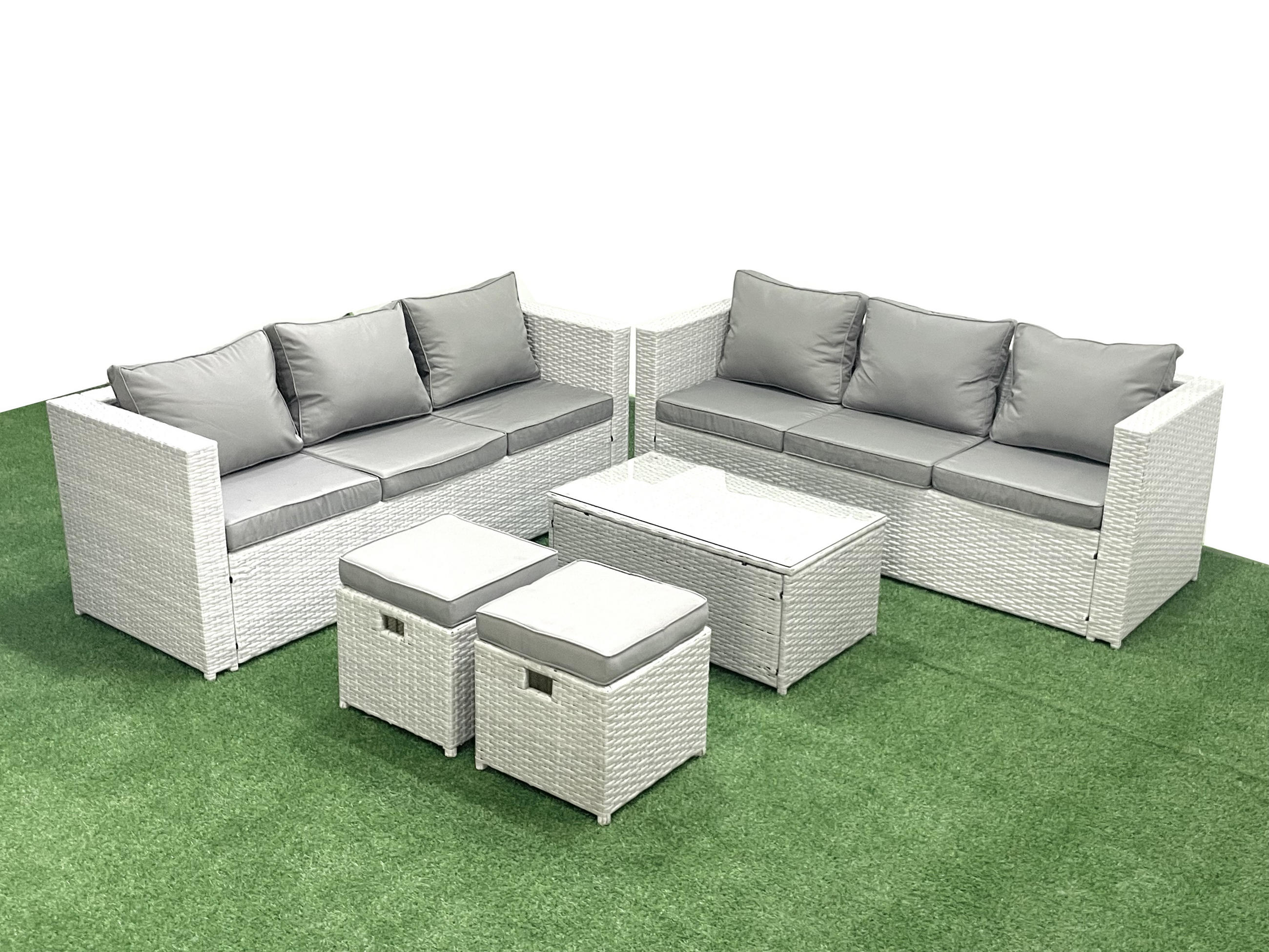 GARTENGARNITUR mit 3-SITZER SOFA,COUCHTISCH Polyrattan Hellgrau-Mix 8-Sitzer - Hellgrau/Grau, Glas/Kunststoff - Fimous