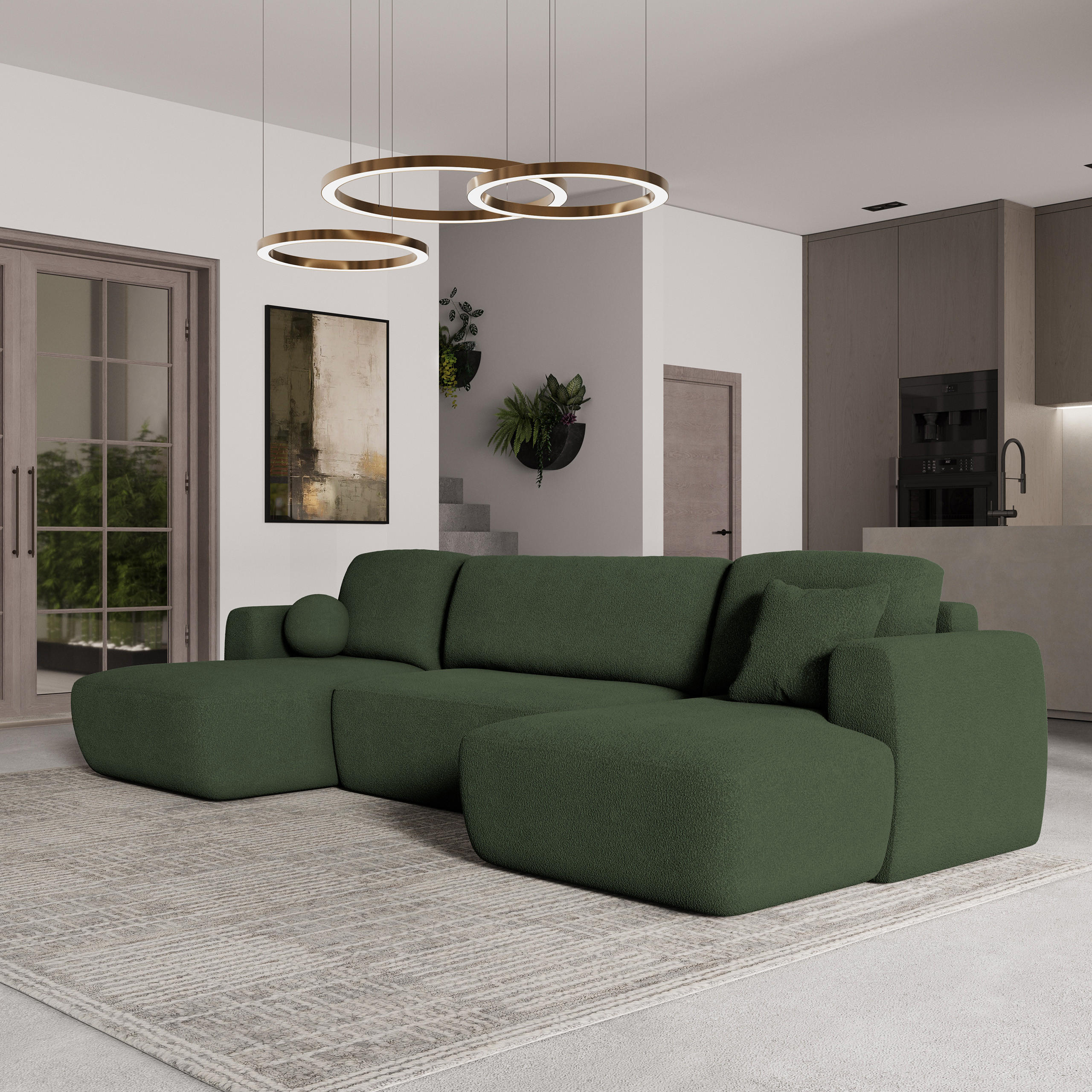 WOHNLANDSCHAFT SENTUM N Grün Boucle-Stoff mit Schlaffunktion - Grün, Holz (330/90/148cm) - MASSENO