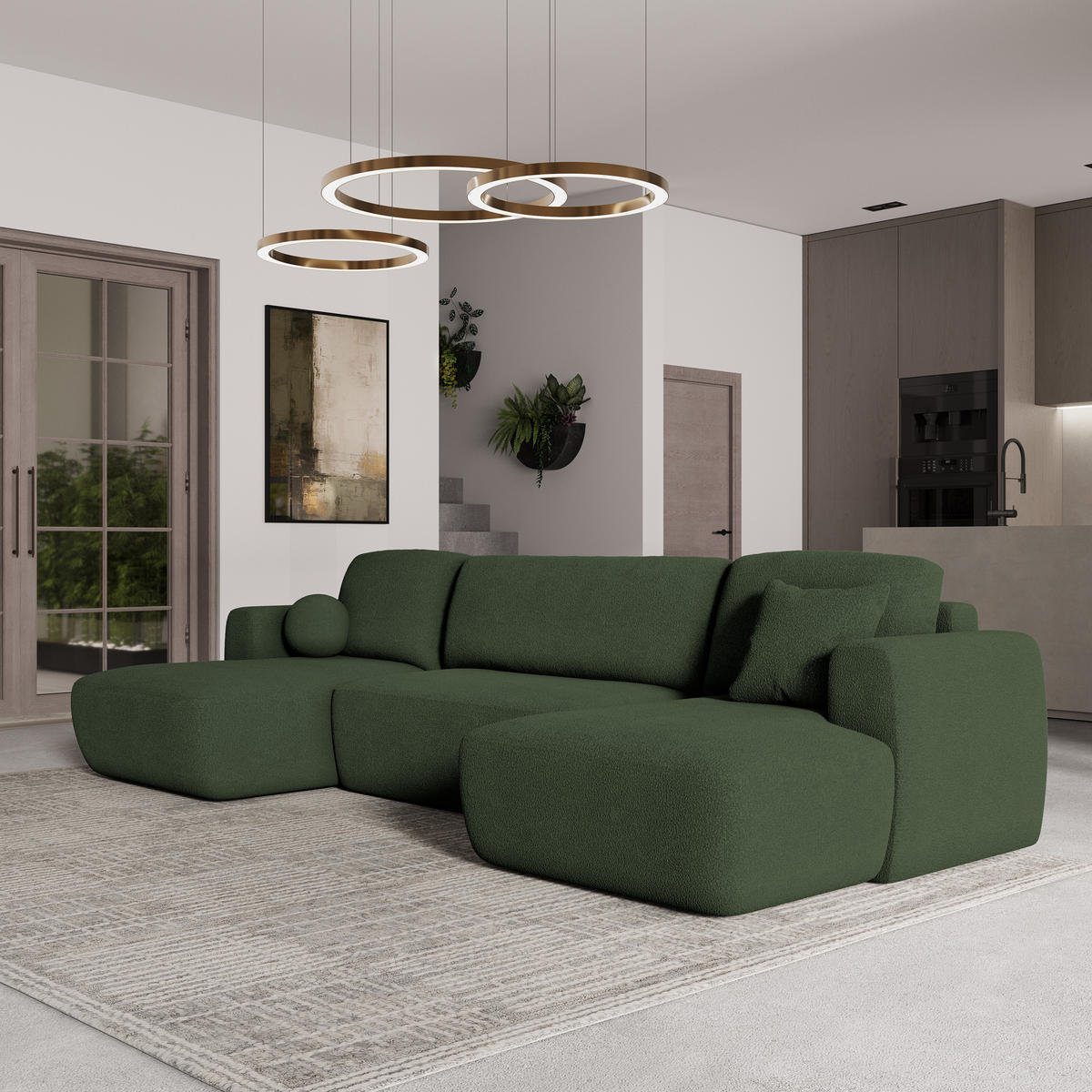 WOHNLANDSCHAFT SENTUM N Grün Boucle-Stoff mit Schlaffunktion - Grün, Holz (330/90/148cm) - MASSENO