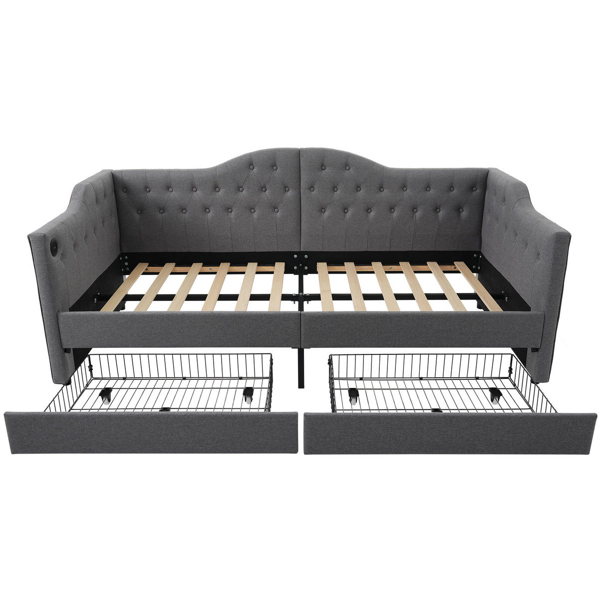 POLSTERBETT 90/200 cm Grau aus Leinen mit 2 Schubladen - Grau, Textil (90/200cm) - OKMYHOME