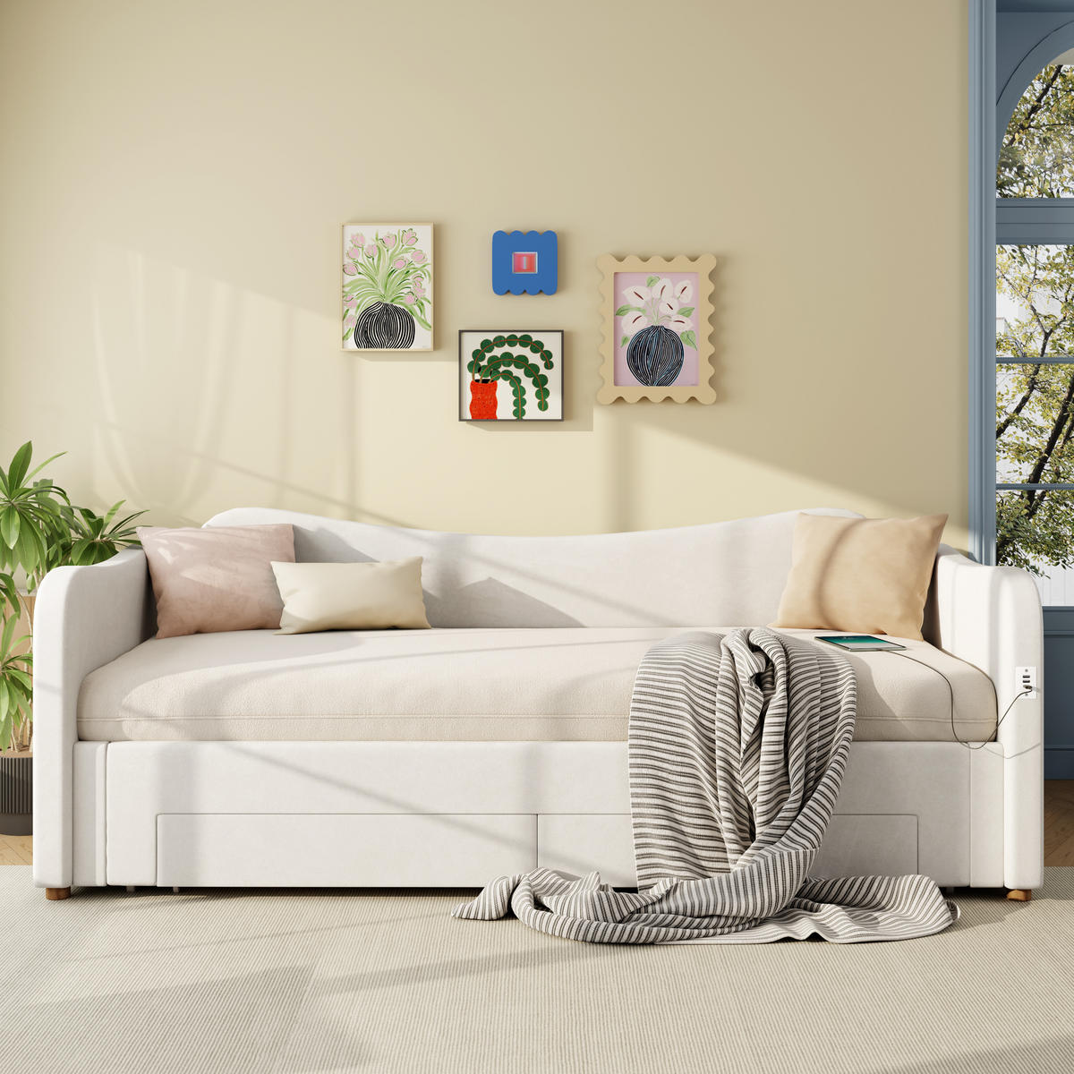 ČALOUNĚNÁ POSTEL 90/200 cm & 180/200 cm v béžové barvě se zásuvkami, USB a Type-C - béžová, kov/kompozitní dřevo (90/200cm) - CHICFURN